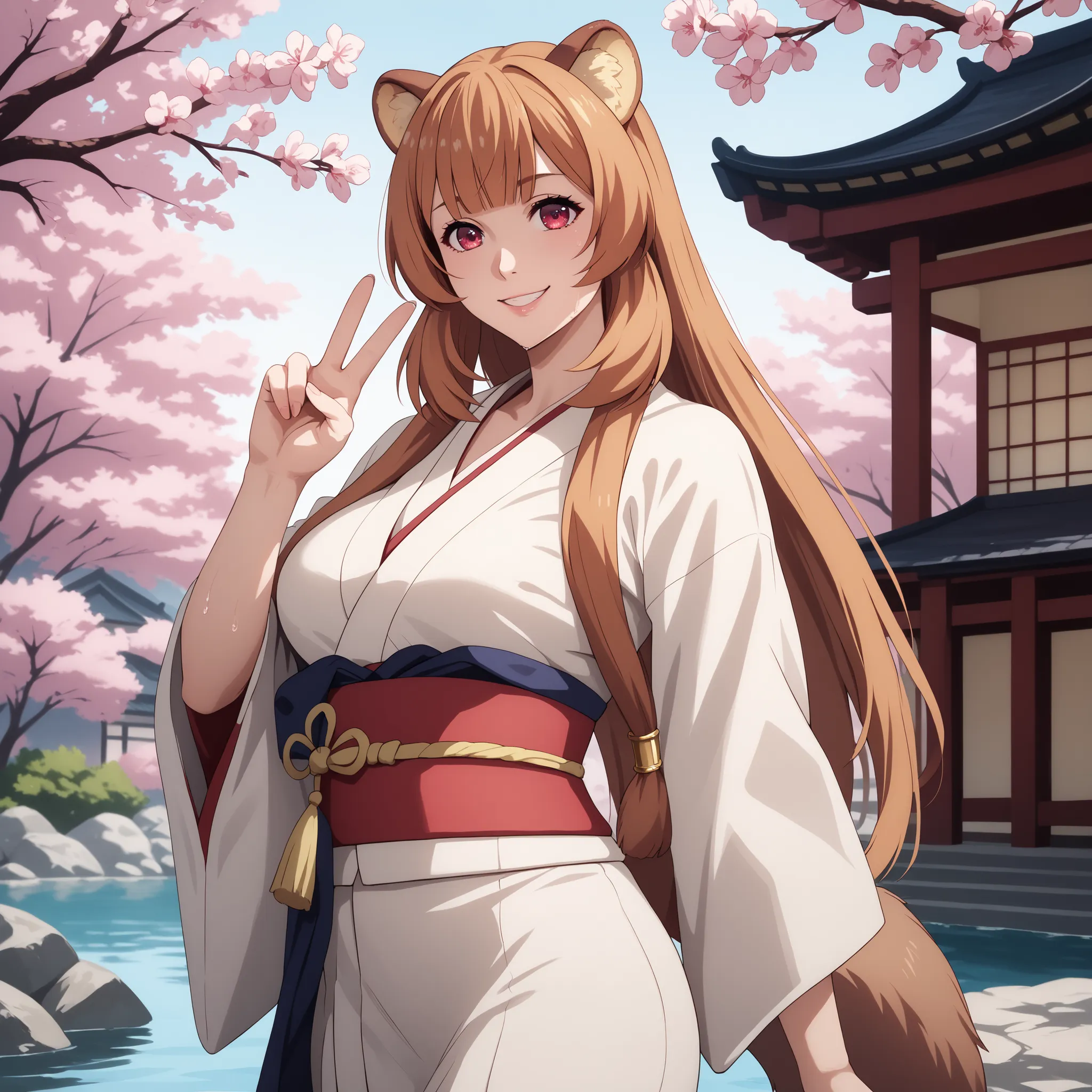 raphtalia .  25 years,  orange hair , detailed red eyes, rounded animal ears, cheerful smile, curvaceous and slender figure , very large and well-proportioned breasts, an animal's tail wiggles behind her, She wears Japanese kimono / red kimono with ))) , n...