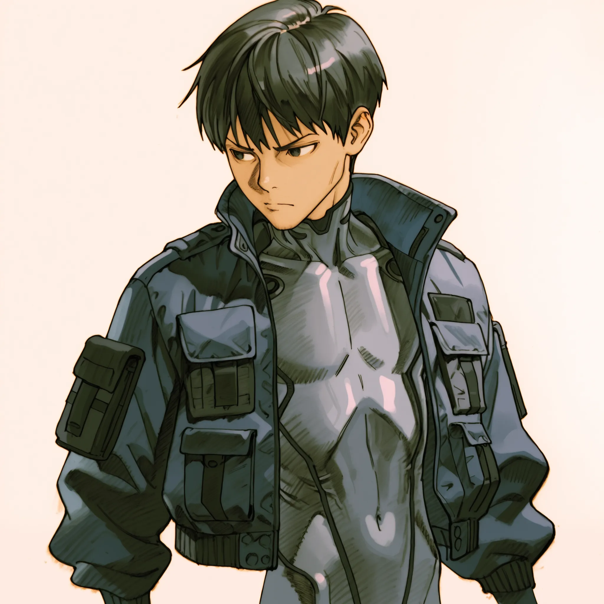  Bengmvc, traditional media, masterpiece,best quality, 1boy, skinny, short hair, black hair, grey and black body suit, dark blue short jacket, long sleeves, tactical jacket,jacket over body suit, upper body, three quarter view, three-quarter view, 