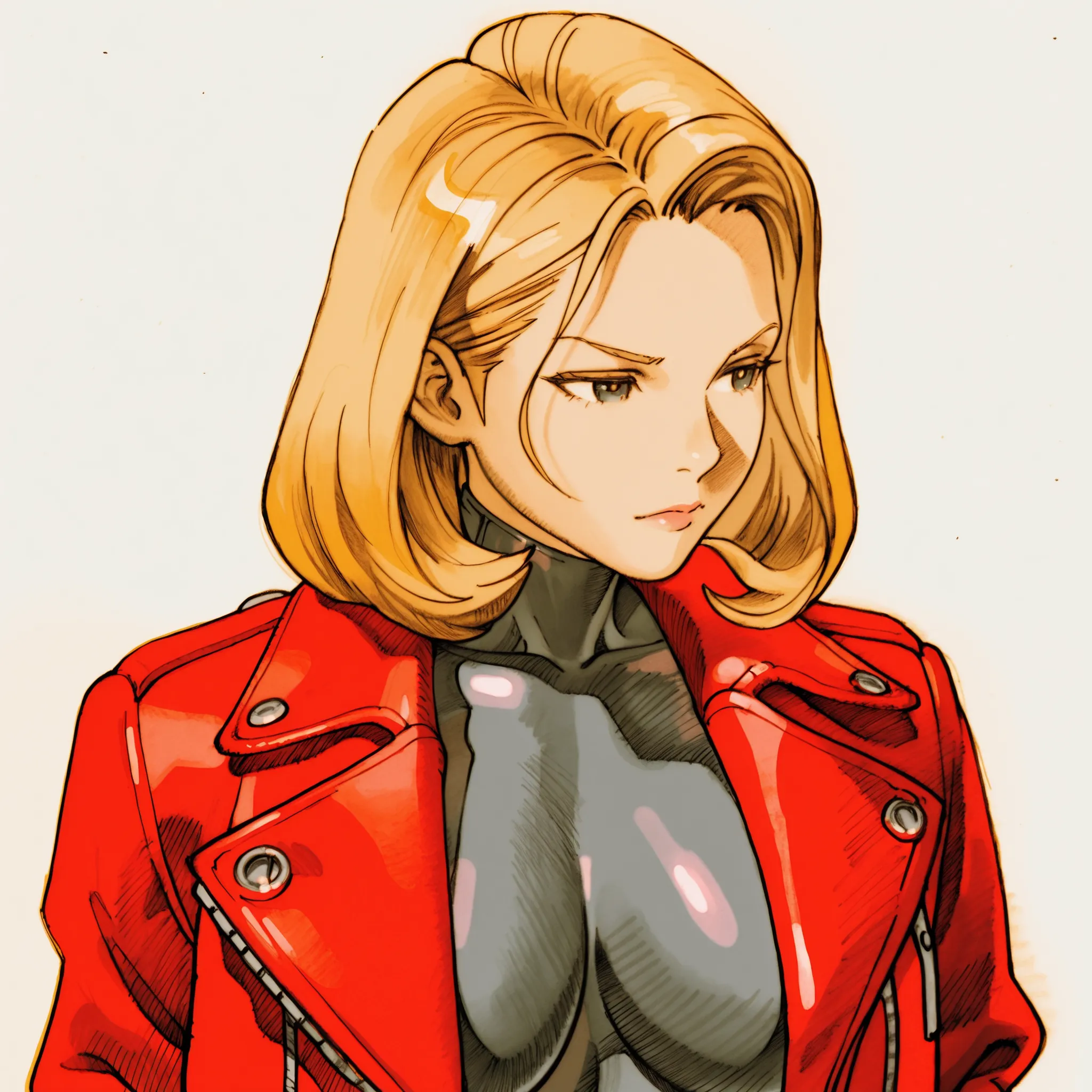  Bengmvc, traditional media, masterpiece,best quality, 1girl, medium hair, blonde hair, skin tight, grey and black body suit, red jacket, long sleeves,,jacket over body suit, portrait, upper body, three quarter view, three-quarter view, mature female, leat...