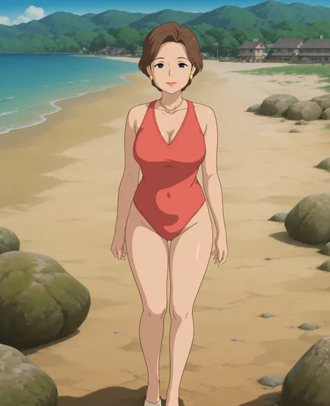 fullbody,1girl,solo,mm,mature female,brown hair,black eyes,short hair,earrings,lipstick,anime coloring,
standing,red color,Womens Bodysuit Deep V Neck Monokini One-Piece Bathing Suit Swimsuit Swimwear,looking at viewer, smile,beach
,masterpiece,best quality,amazing quality,恥ずかしい、すごく嬉しい、