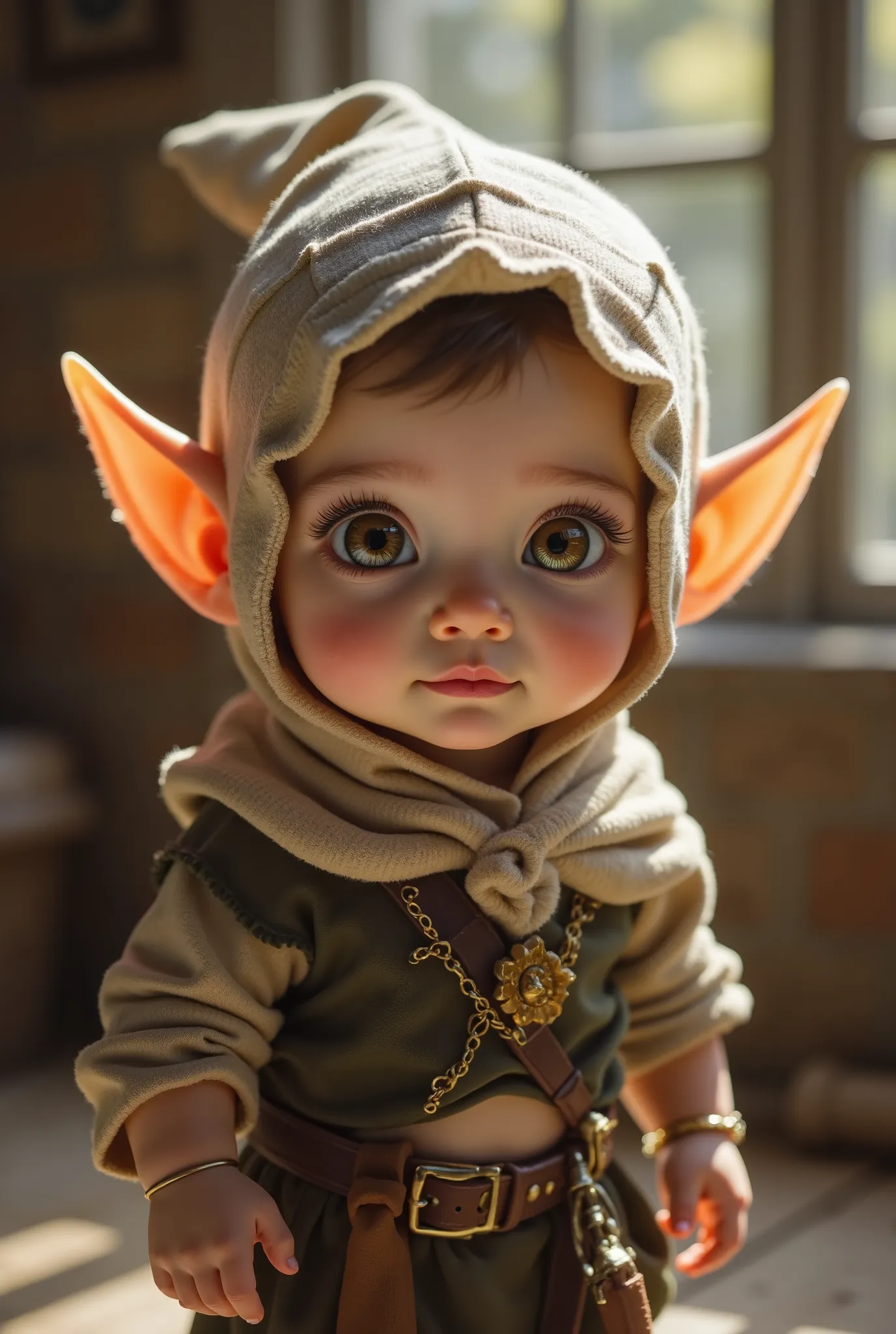((FULL BODY)), (RPG CHARACTER), boy baby, boy elf baby with light brown eyes, elf baby, medieval 's room, sweet baby, little elf baby with light brown, cute baby elf, 4k, Unreal engine, intricate, highly detailed, beautiful lighting, advanced quality, 8k, ...