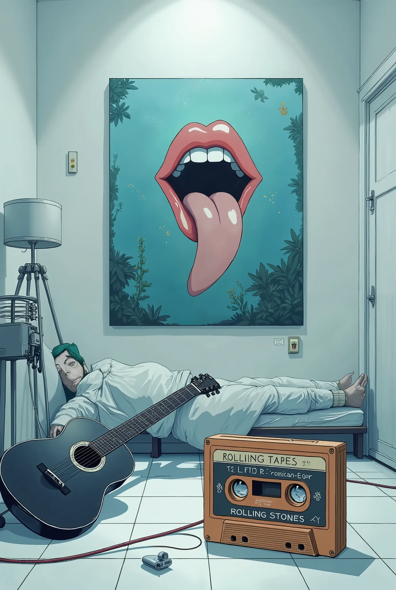  K7 audio tape, antiga, escrita "Rolling Stones", em primeiro plano! Background a painting of a mouth with its tongue out, With a guitar on the floor; With a Basket Case; clean room background and tranquil colors, white and blue -Tranquility and peace 