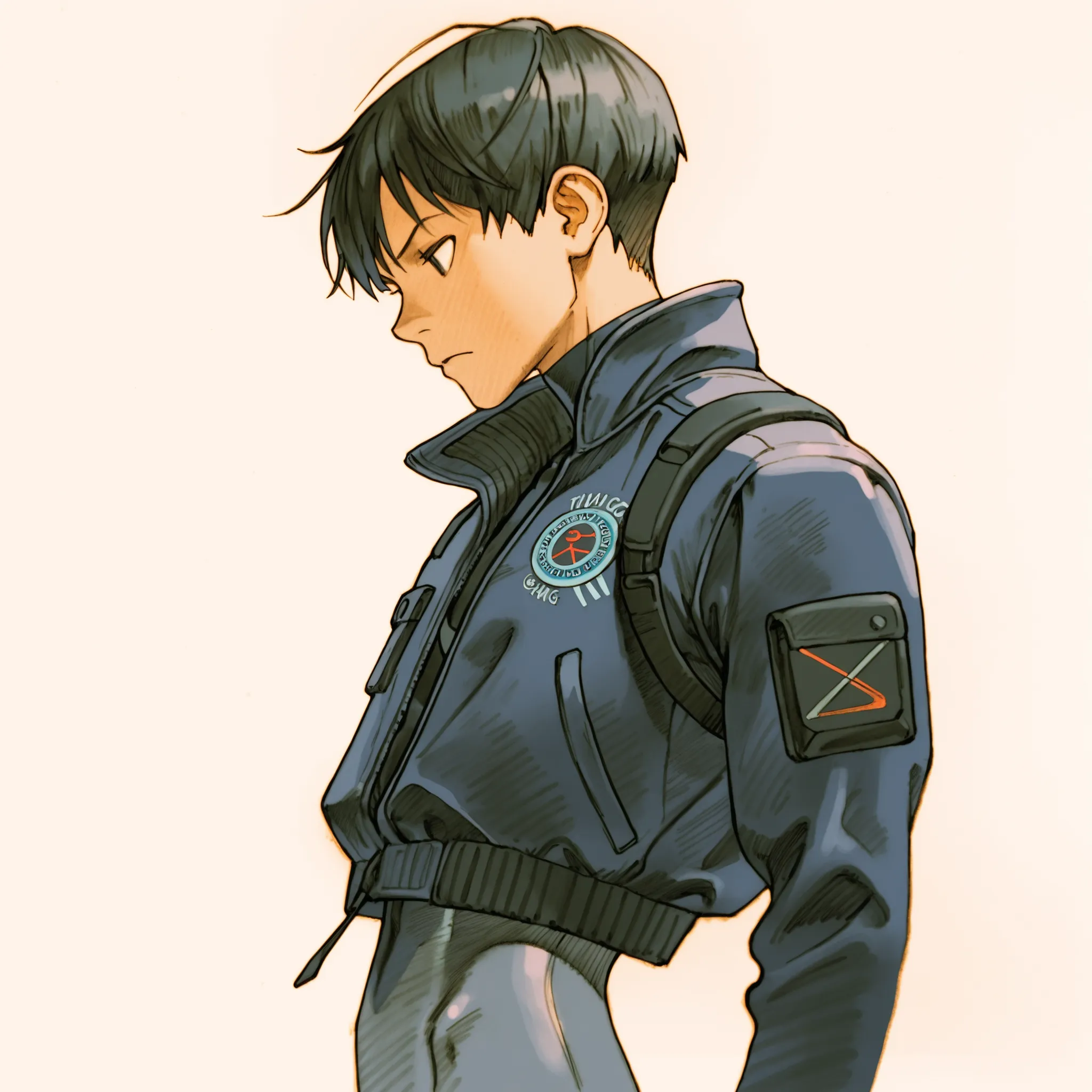  Bengmvc, traditional media, masterpiece,best quality, 1boy, skinny, short hair, black hair, grey and black g-suit , dark blue short jacket, long sleeves, tactical jacket,jacket over body suit, upper body, three quarter view, three-quarter view, 