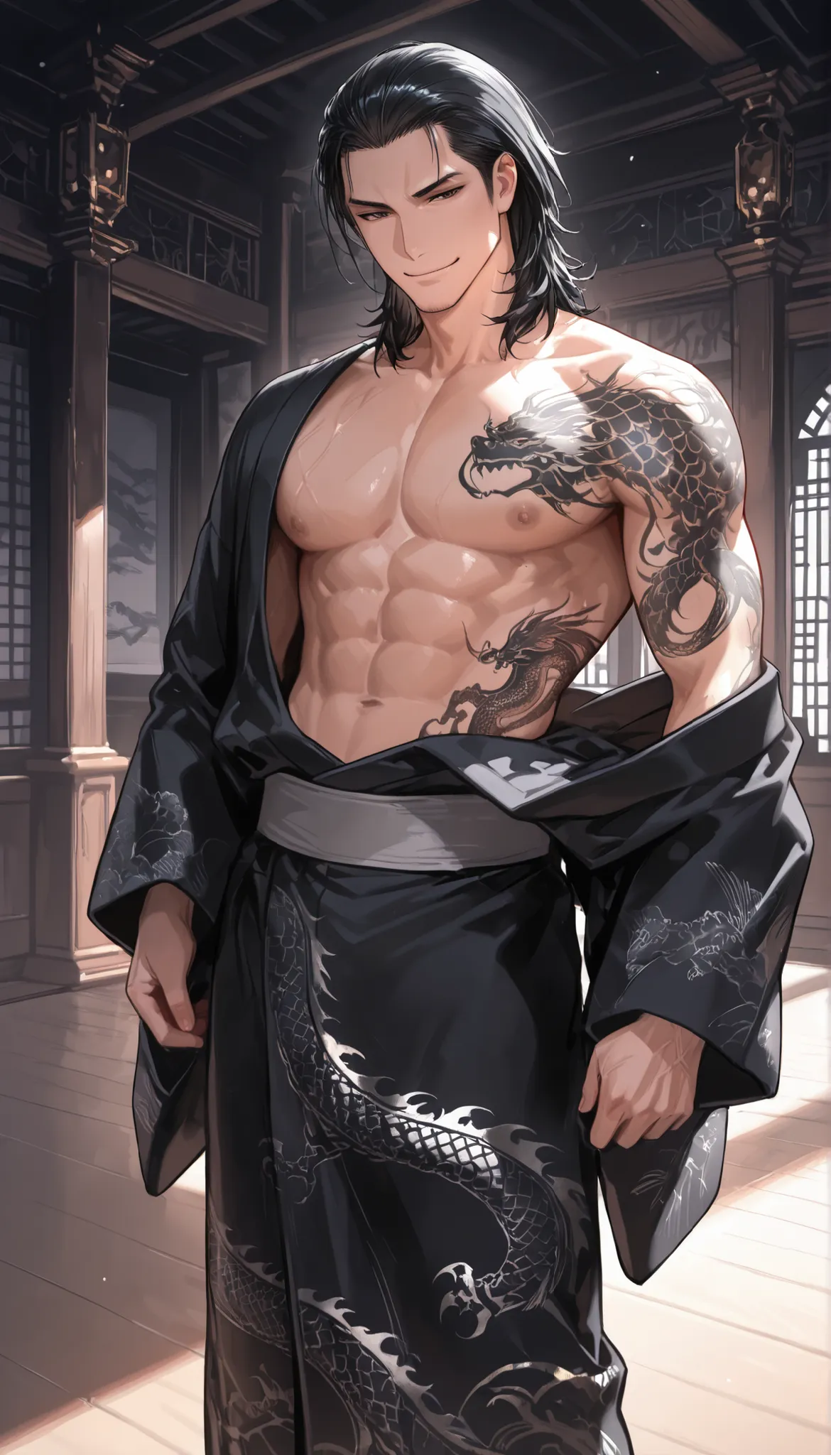 yakuza boy, black kimono with dragon pattern, black hair, medium hair, topless, chest, smile, handsome, dragon tattoo,standing, background, indoor, black castle