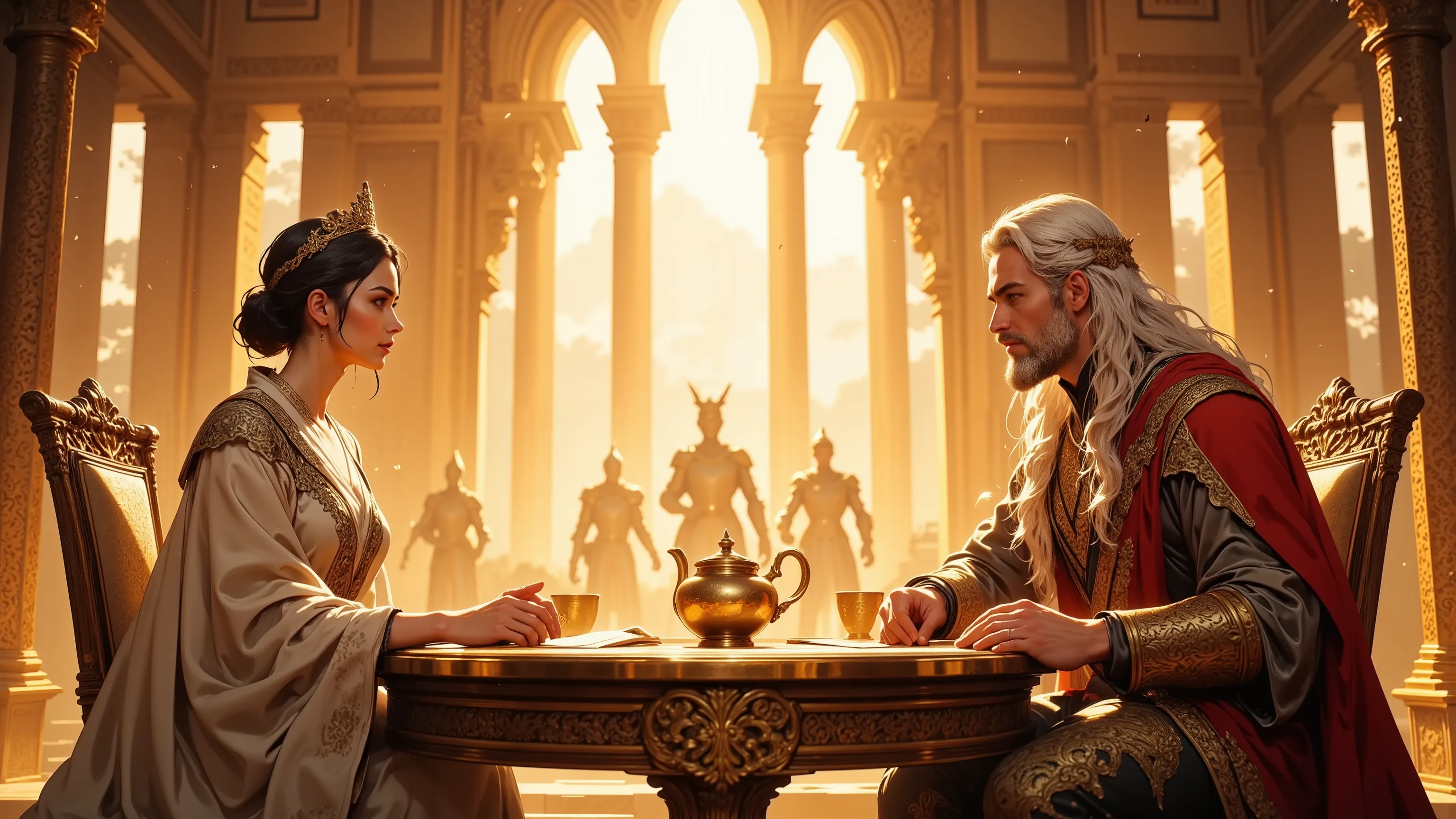 A majestic diplomatic chamber illuminated by warm golden light through tall arched windows. Two monarchs sit face to face at a round carved table. The camera is placed diagonally behind the queen, showing her profile and the king in full.

1woman in the fo...