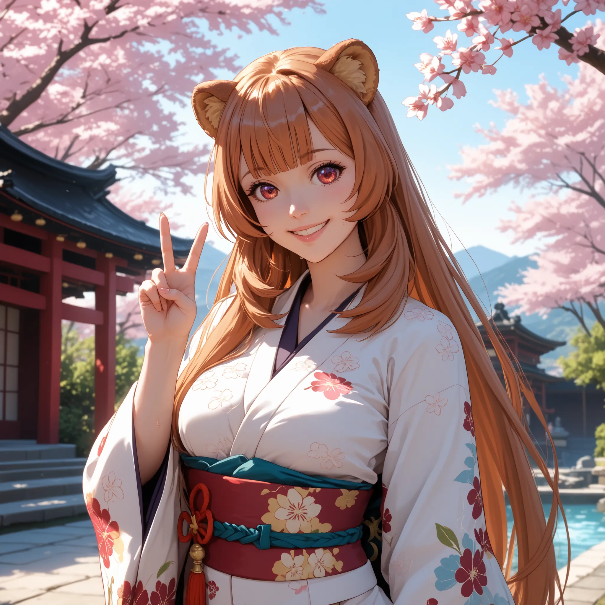 raphtalia . 25 years, orange hair , detailed red eyes, rounded animal ears, cheerful smile, curvaceous and slender figure , very large and well-proportioned breasts, an animal's tail wiggles behind her, She wears Japanese kimono / kimono in white upper a...