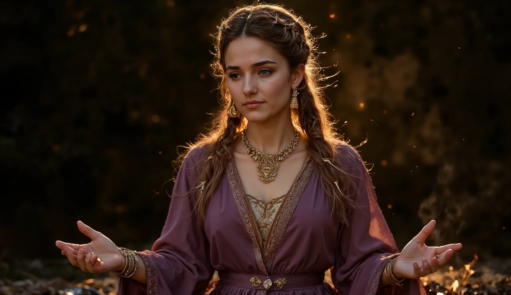 Hellenistic queen in a moment of stoic meditation, medium shot with exclusive focus on her figure. Wears luxurious peplos in shades of purple and gold with elegant drapes flowing gently. Perfectly erect posture with hands positioned in Greek philosophical ...