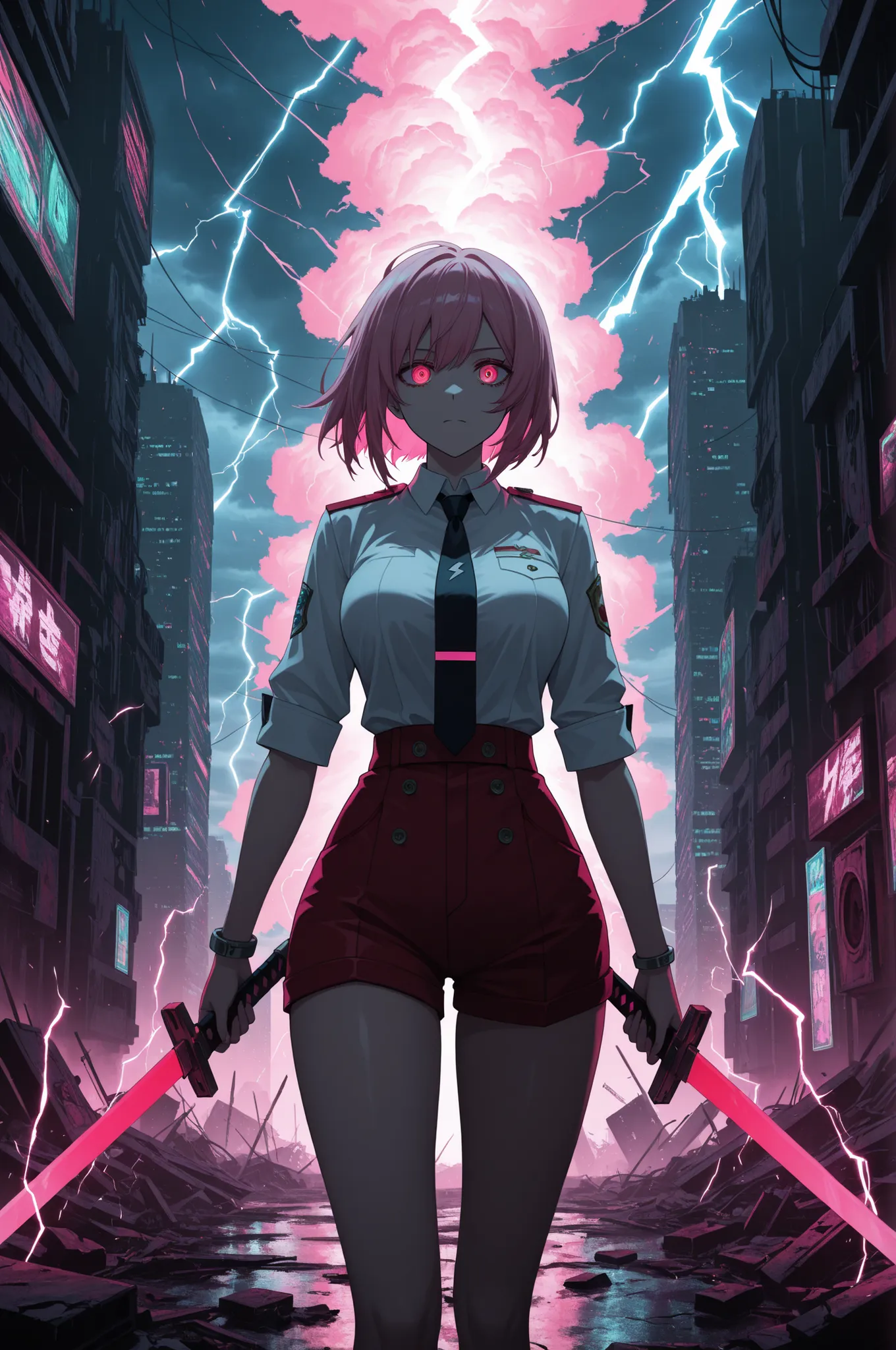 short pink hair, glowing red eyes, uniform, white shirt, tie, red shorts, holding sword, 1girl, solo, ruined futuristic city, dystopia, lightning storm, pink lighting, volumetric lighting, cinematic lighting,  masterpiece, best quality, amazing quality, ve...