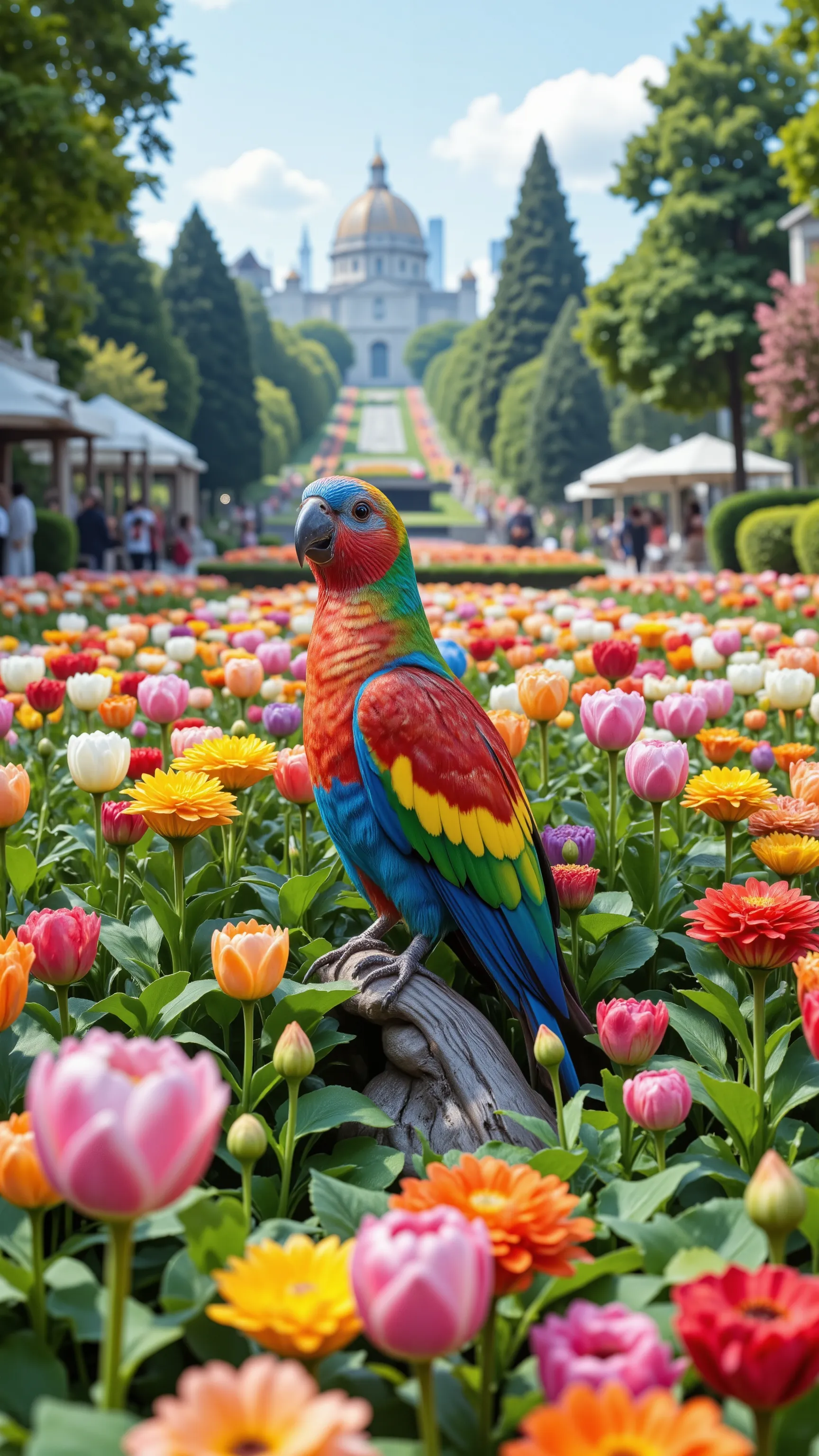 highdefinition images、綺麗な鳥 in the Association's flower beds、The large Society garden in the basin、You can see a small city in the distance。