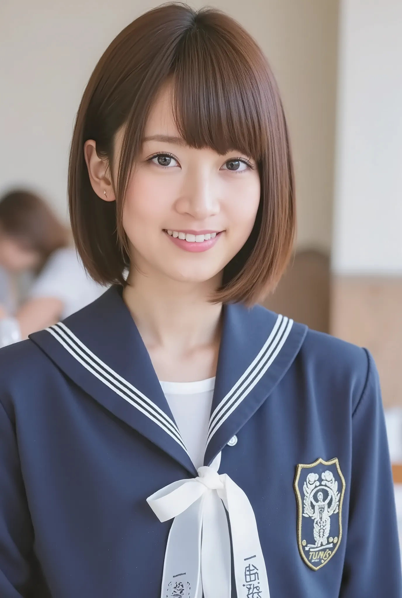 Neat Young Woman、and look at the camera、office lady suit、jacket、shirt、ear piercing、smile showing teeth、 耳にピアス、、people talking in the background is inside the room、