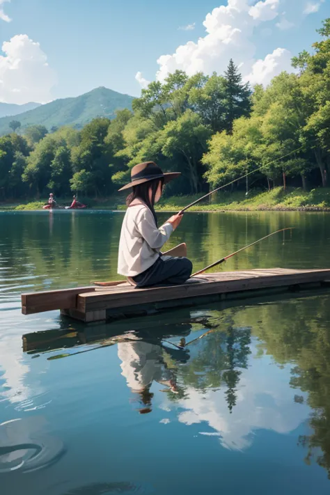 Please draw what you like.8k, Daikon fishing in a quiet lake , Daikon characters , fishing rod,  sitting on the pier, cute daikon,  Warm colored illustrations ,  Warm colored illustrations, Highlight a quiet lake, masterpiece, best quality, high resolution, 