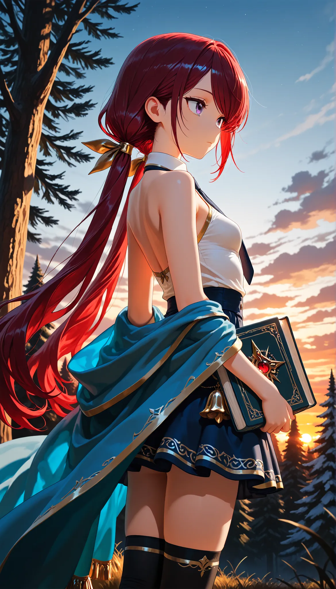 (masterpiece:1.2, Best Quality), (finely detailed beautiful eye: 1.2), (beautiful detailed face), stoic, from behind, looking away, from side, solo, expressionless, close up, Gray eyes, dark red hair, swept bangs, long low twin tails, gold ribbons, sleevel...