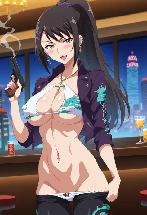 score_9, score_8_up, score_7_up, source_anime,
saechabashira, sae chabashira, long hair, black hair, hair ornament, brown eyes, ponytail, hairclip,
, ear piercing, long hair, blush, lipstick,Hot girl, baddie, smoking, sensual, attractive ,, cross necklace,...