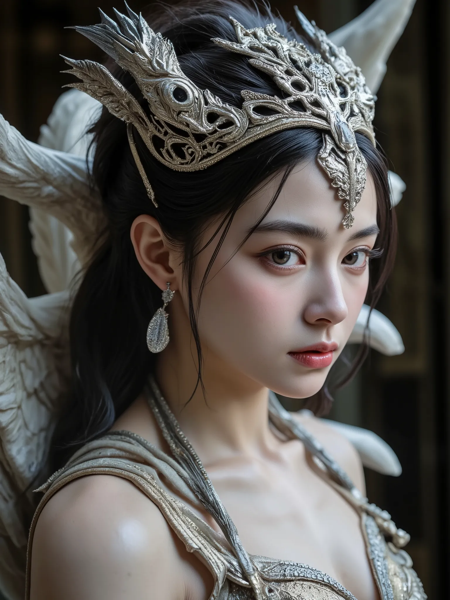 4K Raw photo.
A beautiful bare skin figure fused with angels and demons crawling out of the darkness and a beautiful young Japanese woman.
The seamless junction shows a super-organic communion.
The organic skin is slightly wet and shiny and has a mucous me...