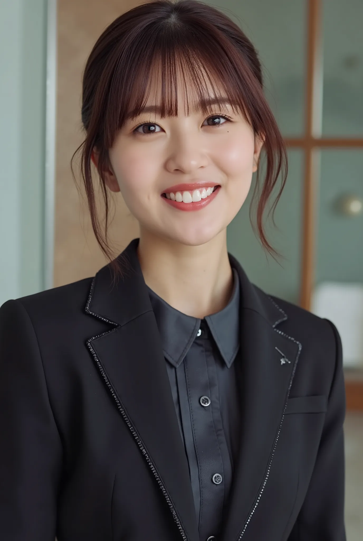 Neat Young Woman、and look at the camera、smile showing teeth、office lady suit、jacket、shirt、髪型ショートカット、耳にピアス、、 、dark eyeshadow、upper body、Background is in a room、