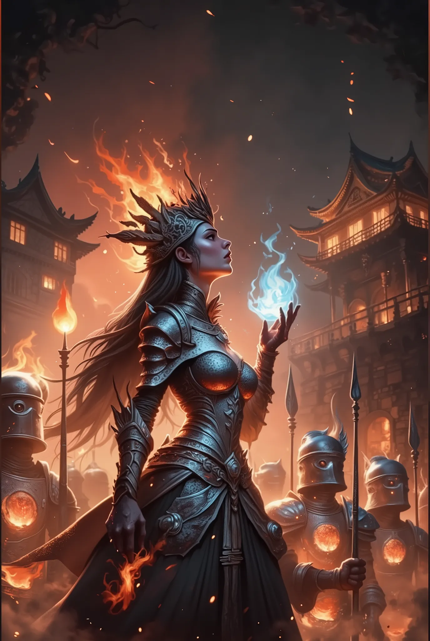 (Ultra-detailed face, Looking Away, Gothic Illustration, Dark Tone Colors. One thumb and four fingers.) , BREAK
(Looking up viewpoint. The Queen of Flames is in the courtyard of a high medieval Asian-style castle made of flaming stone. In red armor with f...