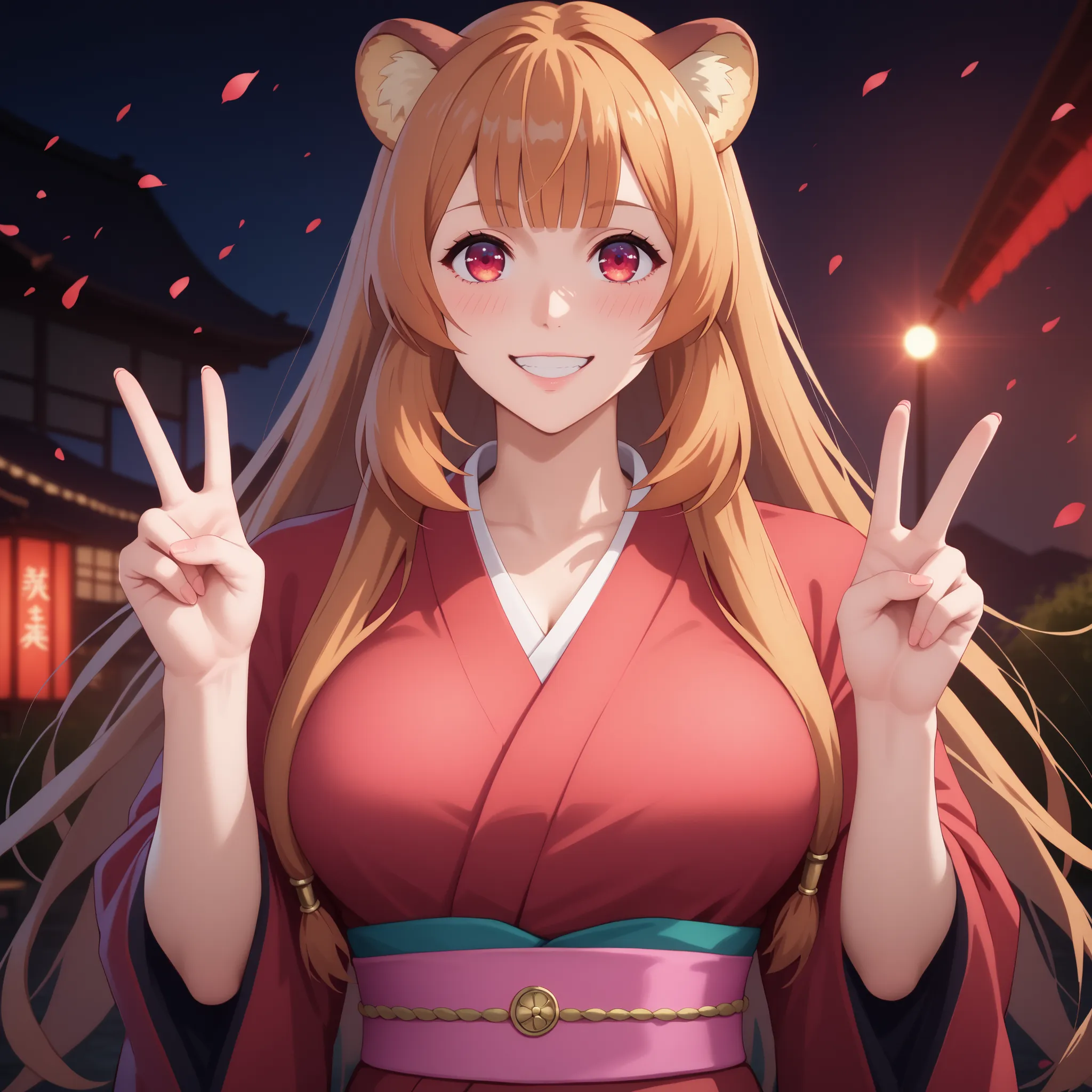 raphtalia . 20 years,  bright orange hair, detailed red eyes, rounded animal ears, charming smile , blush, curvaceous and slender figure , big breasts y bien proporcionados, an animal's tail wiggles behind her , She wears Japanese kimono / red kimono , pin...