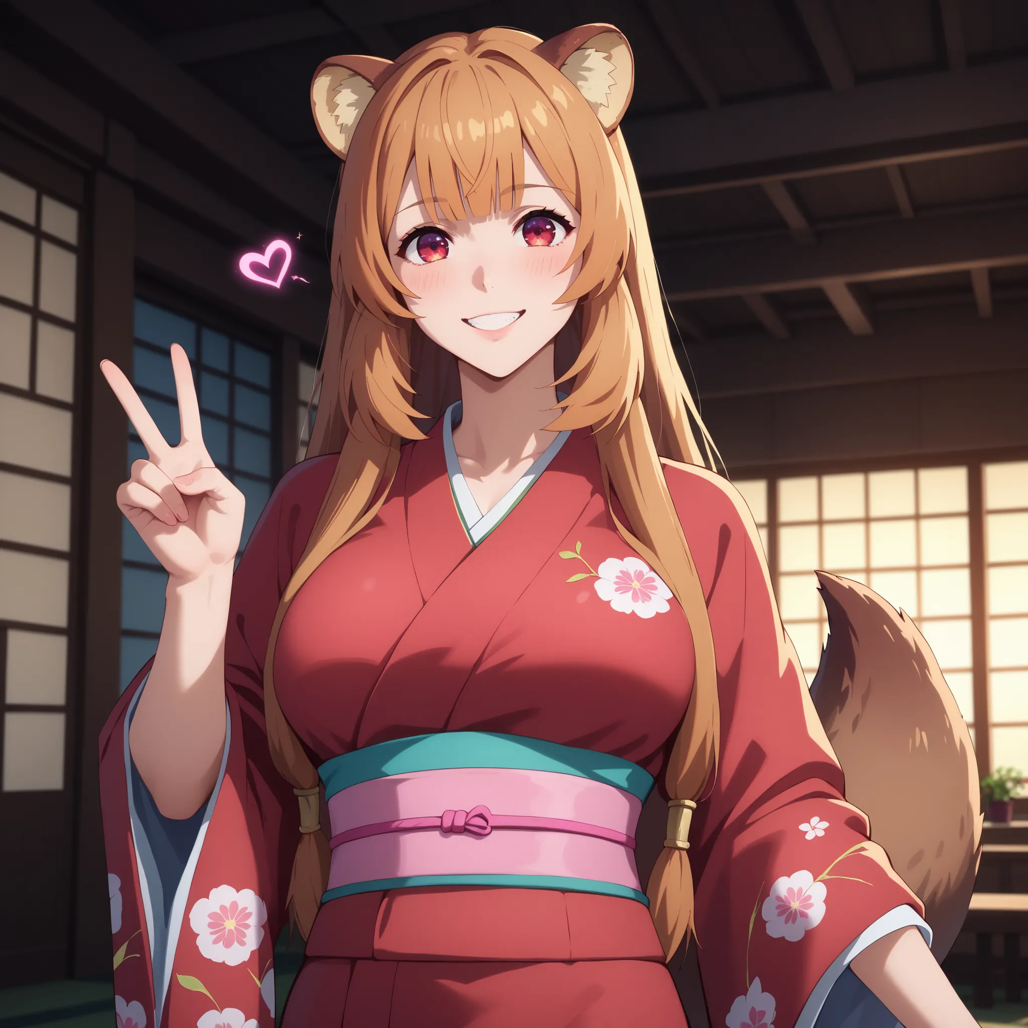 raphtalia . 20 years,  bright orange hair, detailed red eyes, rounded animal ears, charming smile , blush, curvaceous and slender figure , big breasts y bien proporcionados, an animal's tail wiggles behind her , She wears Japanese kimono / red kimono , pin...
