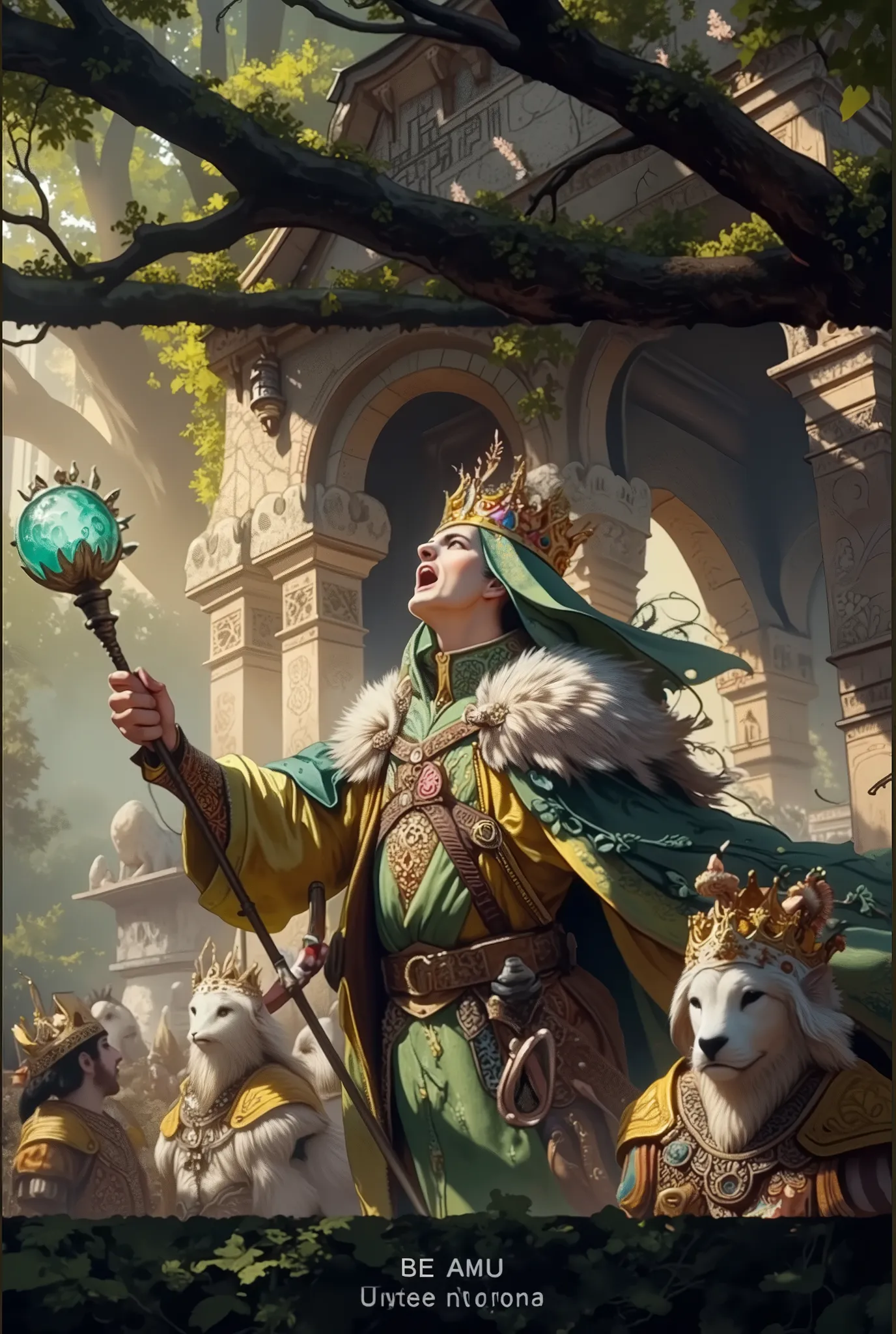 (Ultra-detailed face, Looking Away, Gothic Illustration, Dark Tone Colors. One thumb and four fingers.) , BREAK
(Perspective looking up at the king. The king of Fairyland is in the courtyard of a medieval Middle Eastern-style palace made of living, leafy ...