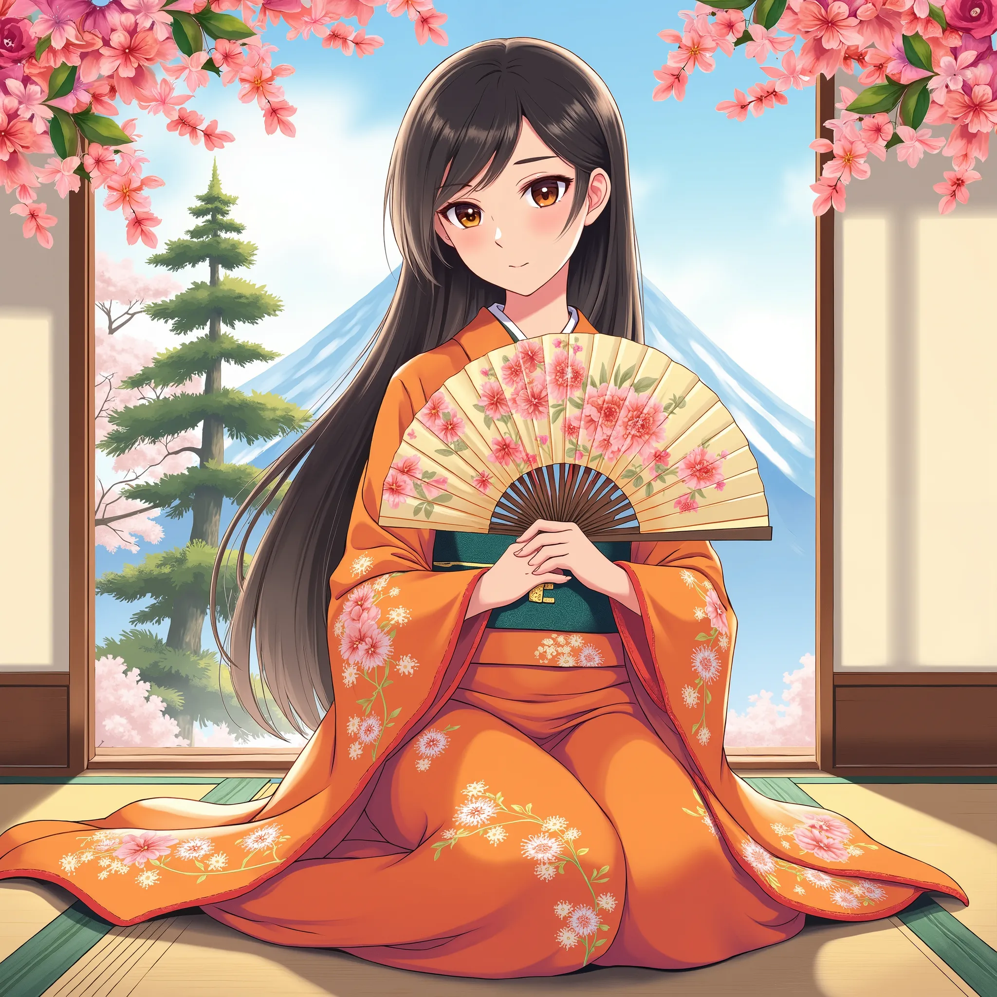 illustrations、anime、A beautiful fifteen-year-old woman is sitting、 orange kimono、Japanese Women、Japanese-style room、pine tree、Mt. Fuji、 beautiful flowers 、floral fan、breasts are big、