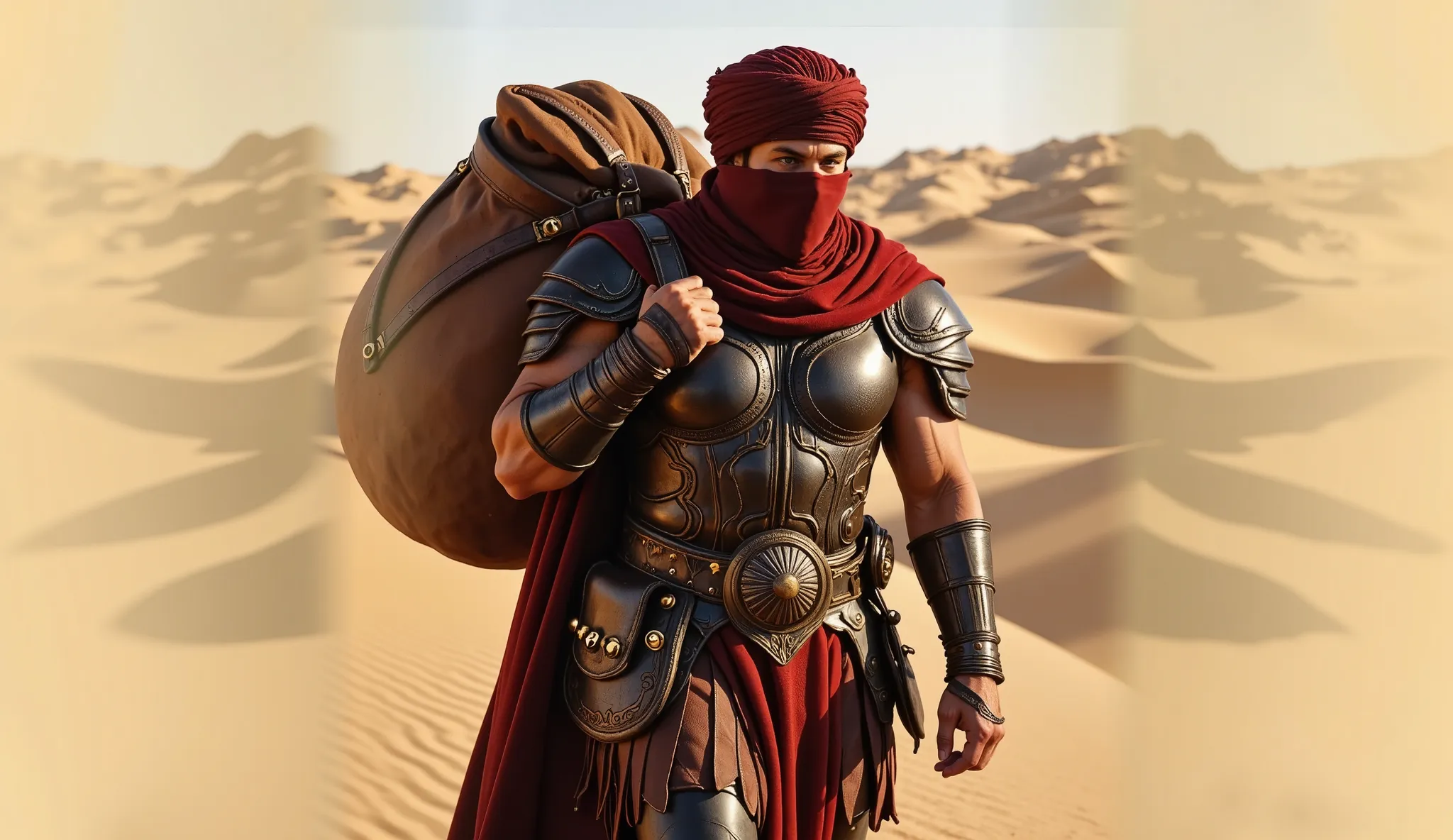 Generate image. Hercules walking in the Sahara. He wears leather armor, a red cape and carries a large leather saddlebag. He has a cloth on his head forming a type of turban and with part of it covering his face.