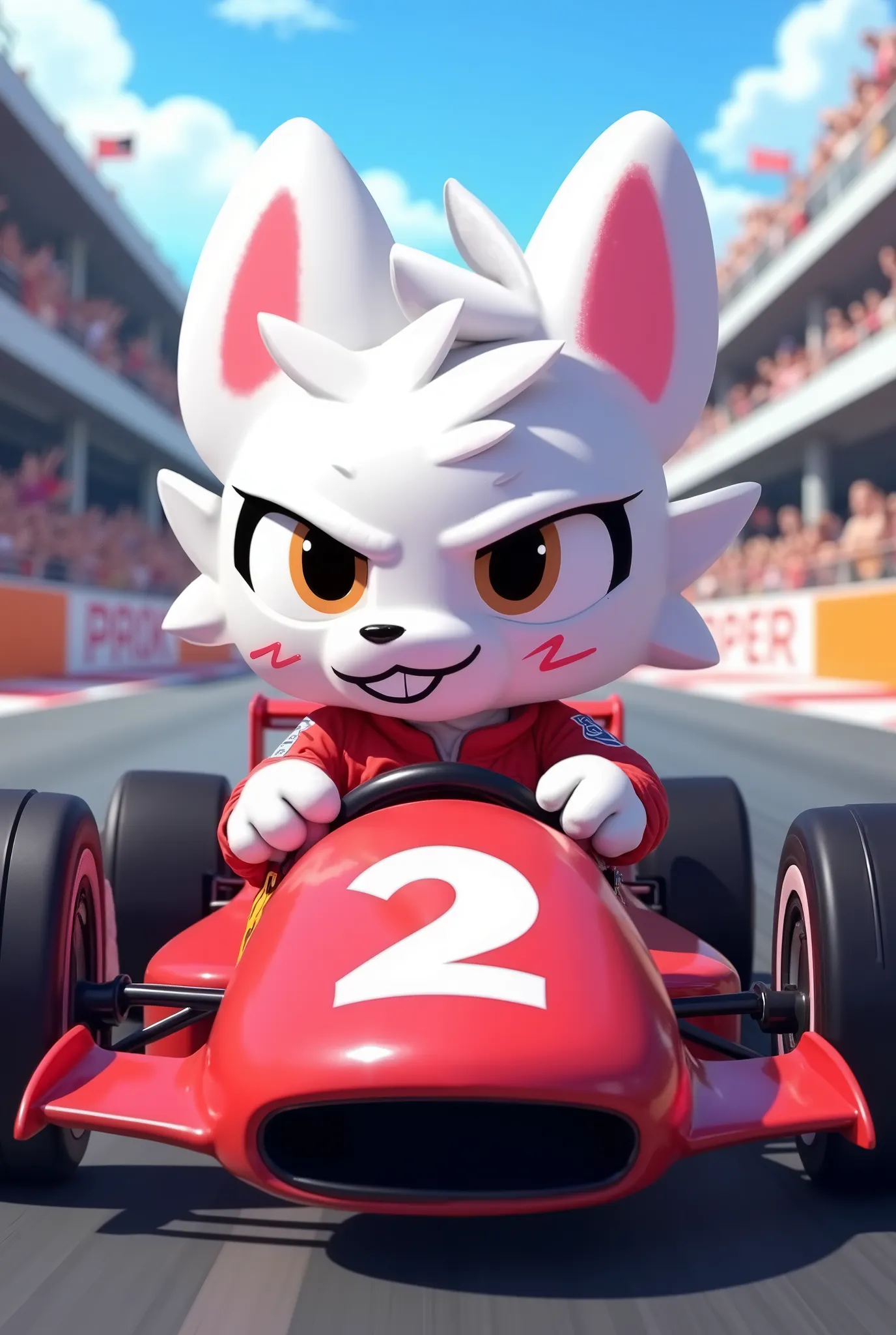 High detail, Boykisser silly cat, fursona, white fur, antropormorphic, male, pilot formula 1 race car