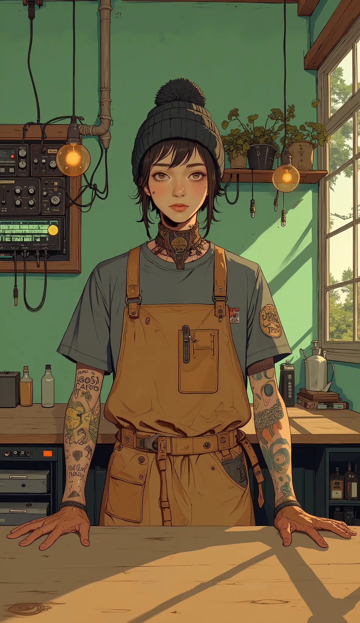 Young wooden man behind counter, features casual grey t-shirt and、Wearing a sturdy brown apron showing craftsmanship, pockets and prominent stitching. apron suggests an artisanal role, probably feels like a cafe or workshop. suggests a creative or musical ...