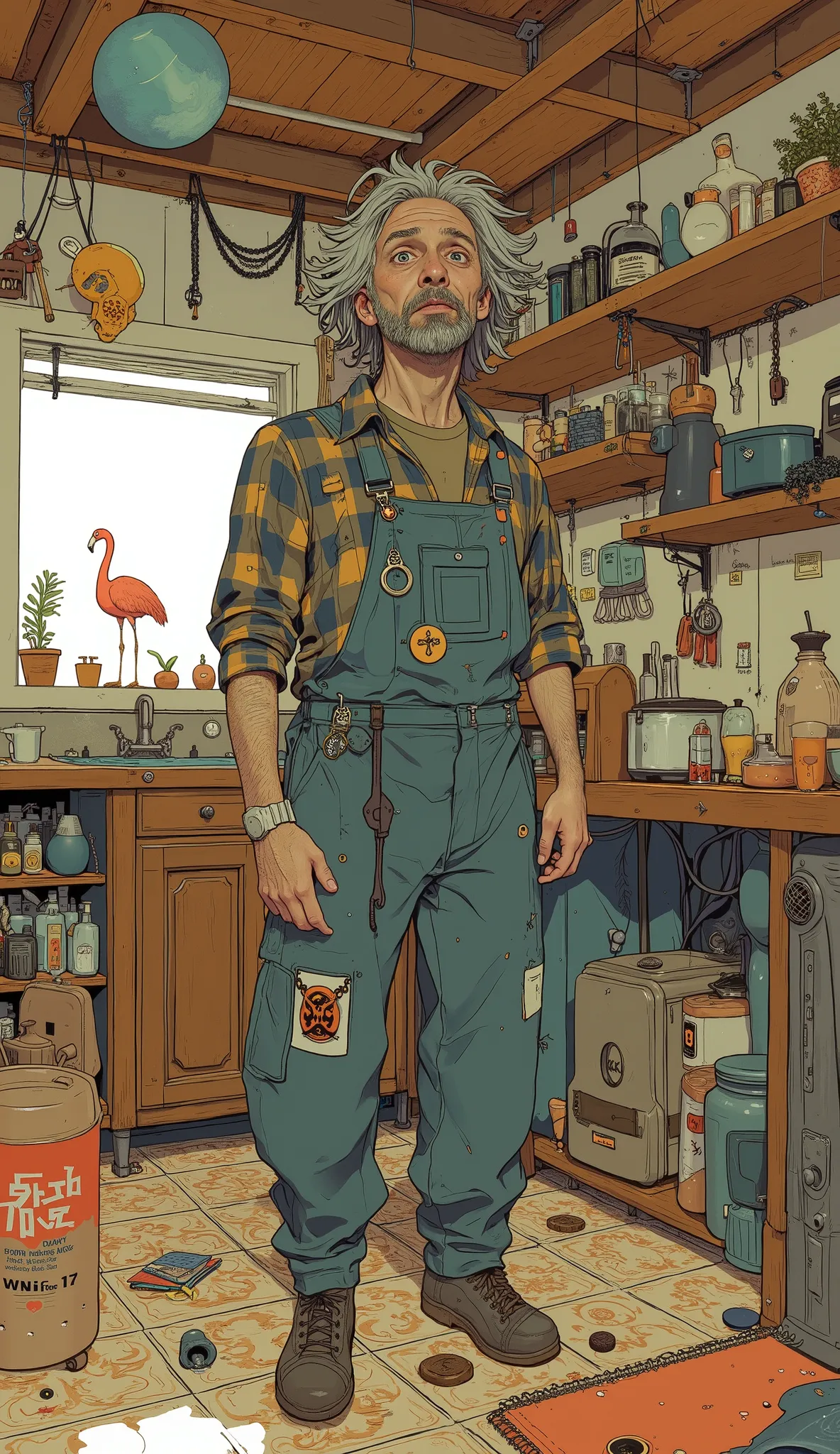 crazy man standing in kitchen with wooden counter,   overalls on plaid floor  , 🦩🪐🐞👩🏻🦳, portrait!!, mid shot portrait, shigeto koyama, TIDAISUKI, 🚿🗝📝, eichiro oda, Tsutsumi Hiroaki style, taken in the early 2020s