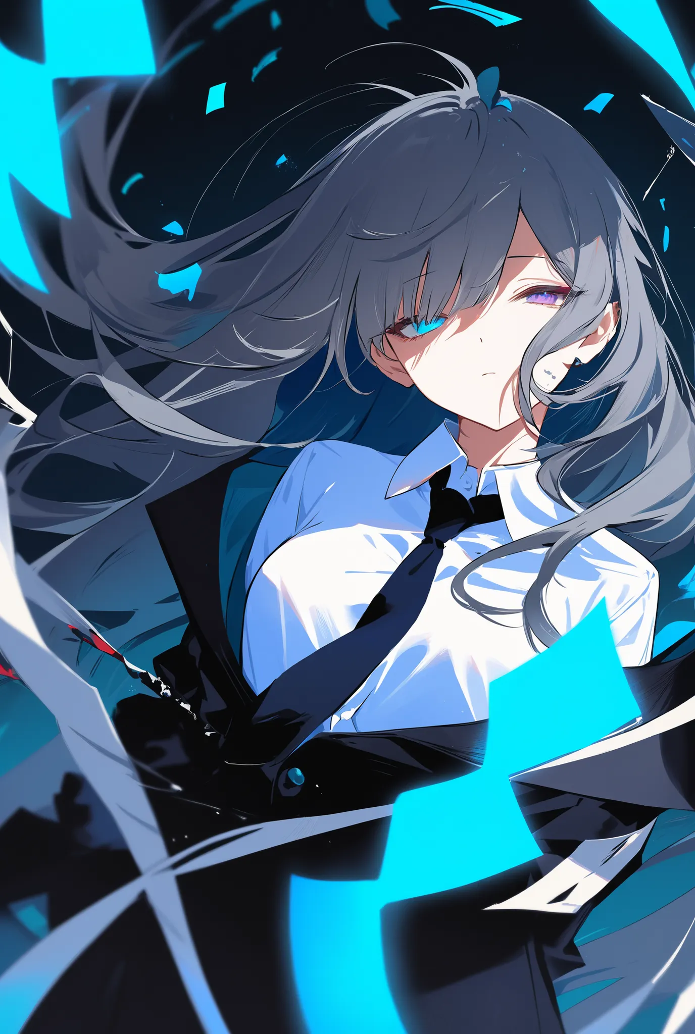A person with long, flowing dark gray hair enhanced inside a turquoise gradient The hair features a small, distinctive blue accessory shaped like a device clipped near the ear. The individual is dressed in broken black suit, a tight black slacks and white ...
