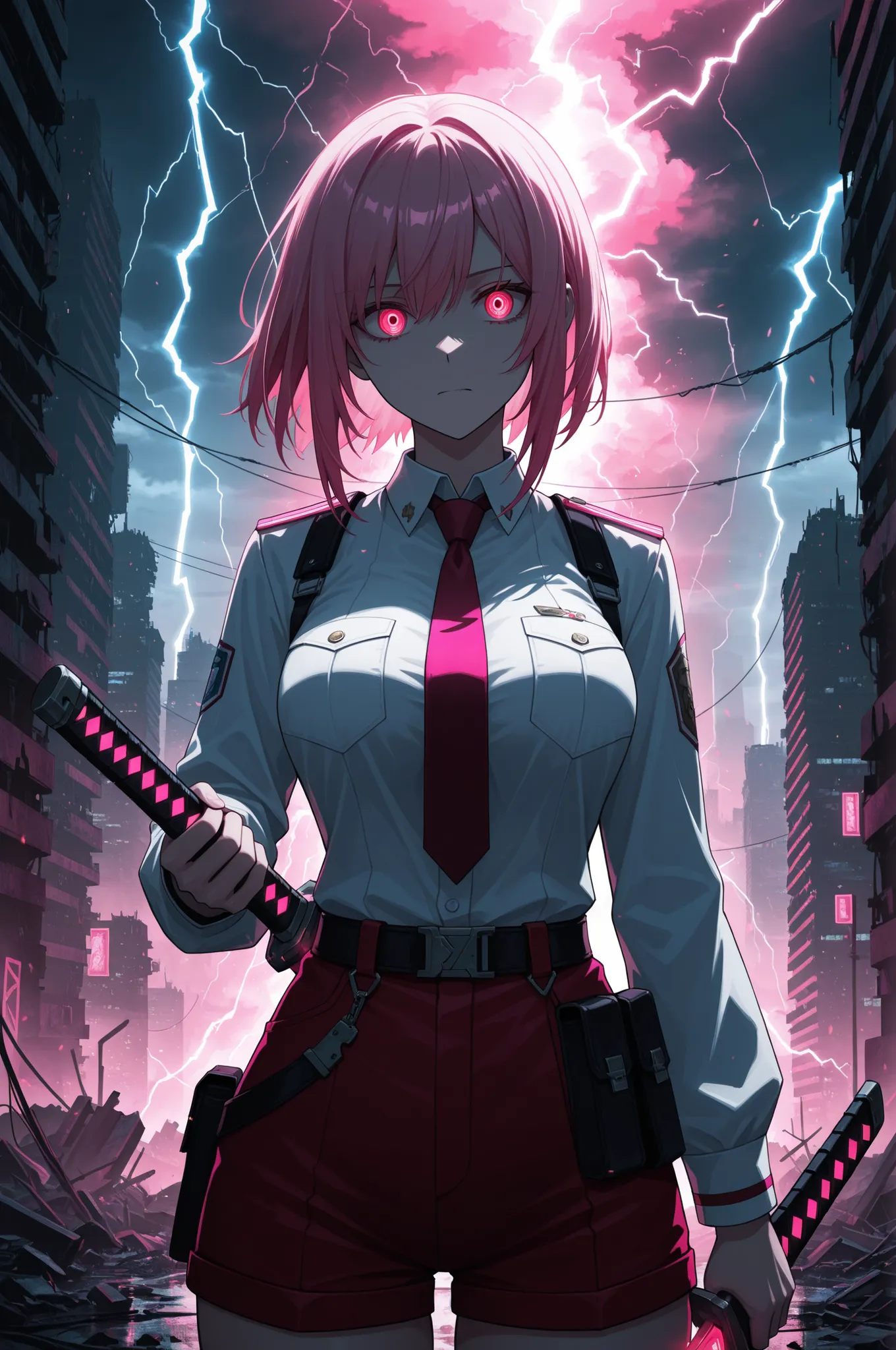 upper body, short pink hair, glowing red eyes, uniform, white shirt, tie, red shorts, holding sword, 1girl, solo, ruined futuristic city, dystopia, lightning storm, pink lighting, volumetric lighting, cinematic lighting,  masterpiece, best quality, amazing...