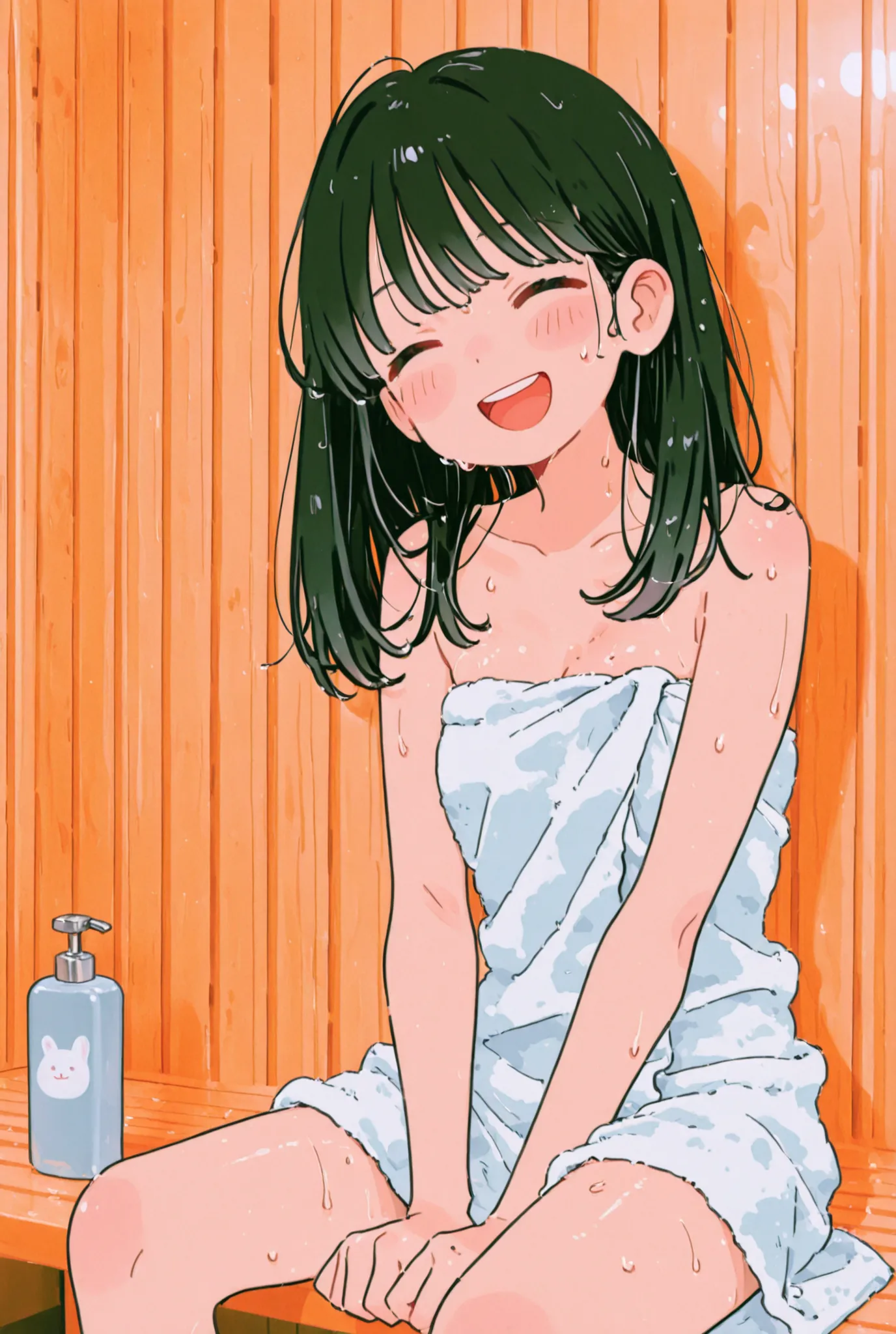 0、adults、long black hair、 in the sauna、bath towel around Kyobu、smile gently、sweat、open your mouth、gym sitting