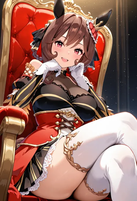 (masterpiece:1.2), (best quality:1.2), (ultra-detailed:1.2), 1girl, solo, gentildonna \(umamusume\), braid, hair between eyes, breasts, horse tail, horse ears, ear ornament, tail on the lower back, proportional body, proportional,1 girl, beautiful hair, be...