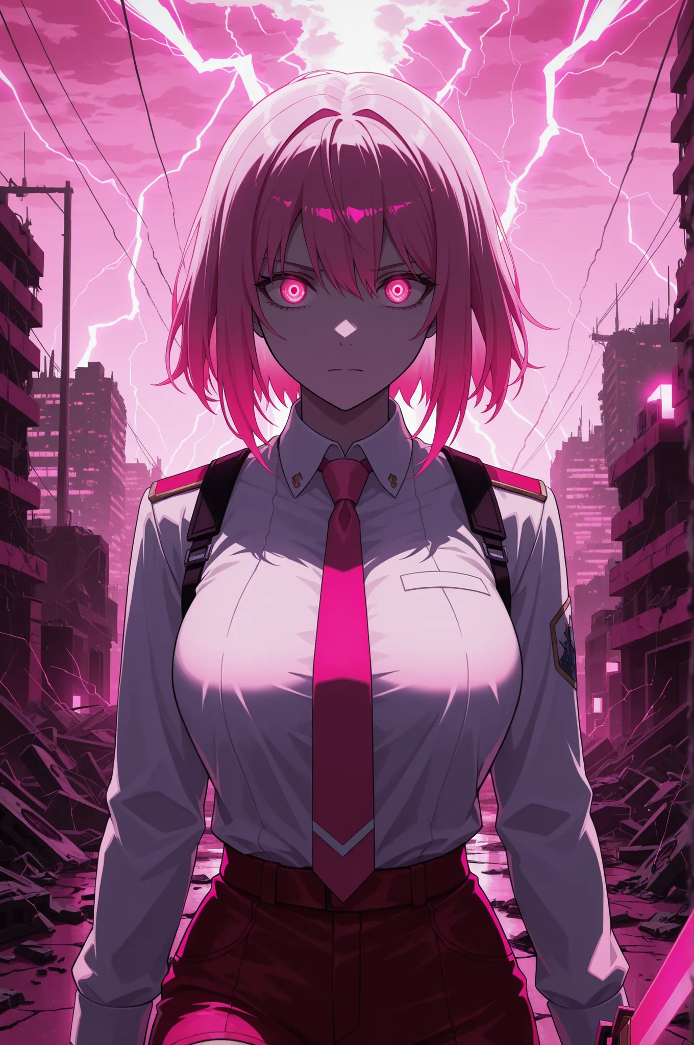upper body, short pink hair, glowing red eyes, uniform, white shirt, tie, red shorts, holding sword, 1girl, solo, ruined futuristic city, dystopia, lightning storm, (pink lighting:1.4), volumetric lighting, cinematic lighting,  masterpiece, best quality, a...