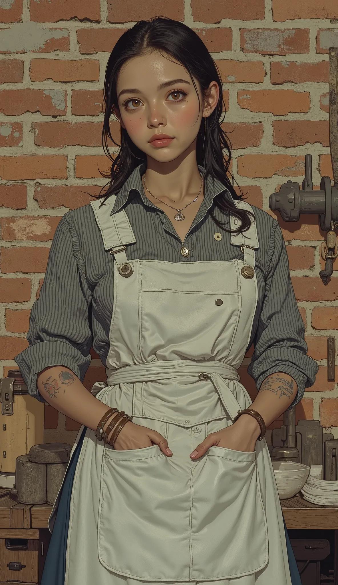 woman standing in front of a brick wall wearing a striped shirt and denim skirt, apron,  work clothes, Work clothes, white waist apron and undershirt, with 2 front pockets, Inspired by Alessandro Allori, blacksmith apron, wearing an apron, uniform, ALL SUB...
