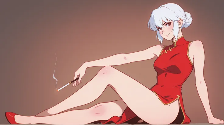 Triple tone {anime style illustration}, subject:: {elegant anime woman with white hair in a bun, wearing a sleek satin red cheongsam with gold trim and thigh-high slit, sitting with legs crossed and a confident smirk, holding a delicate fan instead of a ci...