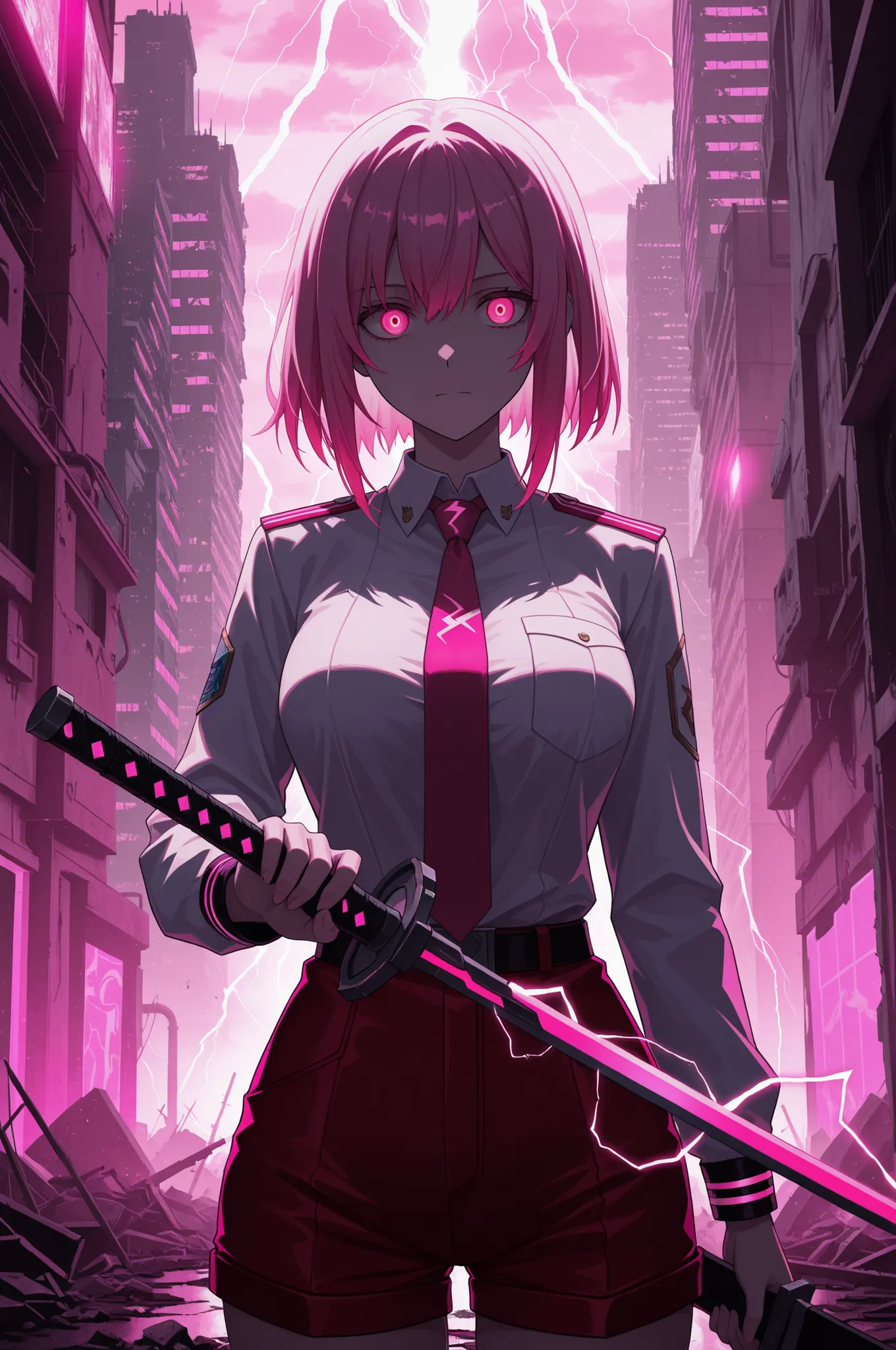 upper body, short pink hair, glowing red eyes, uniform, white shirt, tie, red shorts, holding sword, 1girl, solo, ruined futuristic city, dystopia, lightning storm, (pink lighting:1.4), volumetric lighting, cinematic lighting,  masterpiece, best quality, a...