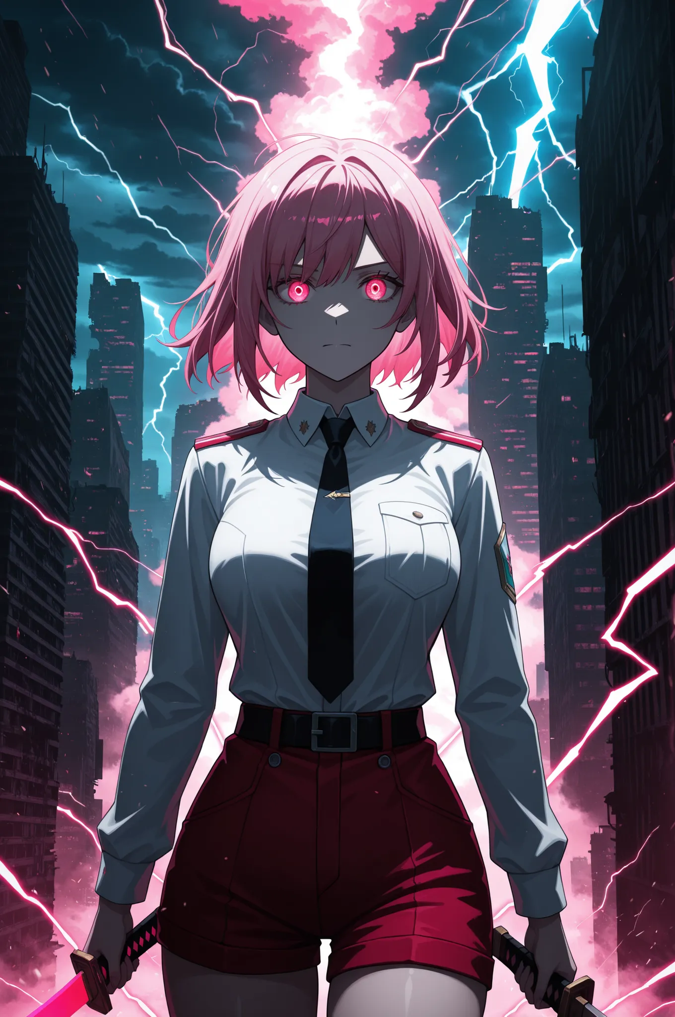 upper body, short pink hair, glowing red eyes, uniform, white shirt, tie, red shorts, holding sword, 1girl, solo, ruined futuristic city, dystopia, lightning storm, pink lighting, volumetric lighting, cinematic lighting,  masterpiece, best quality, amazing...