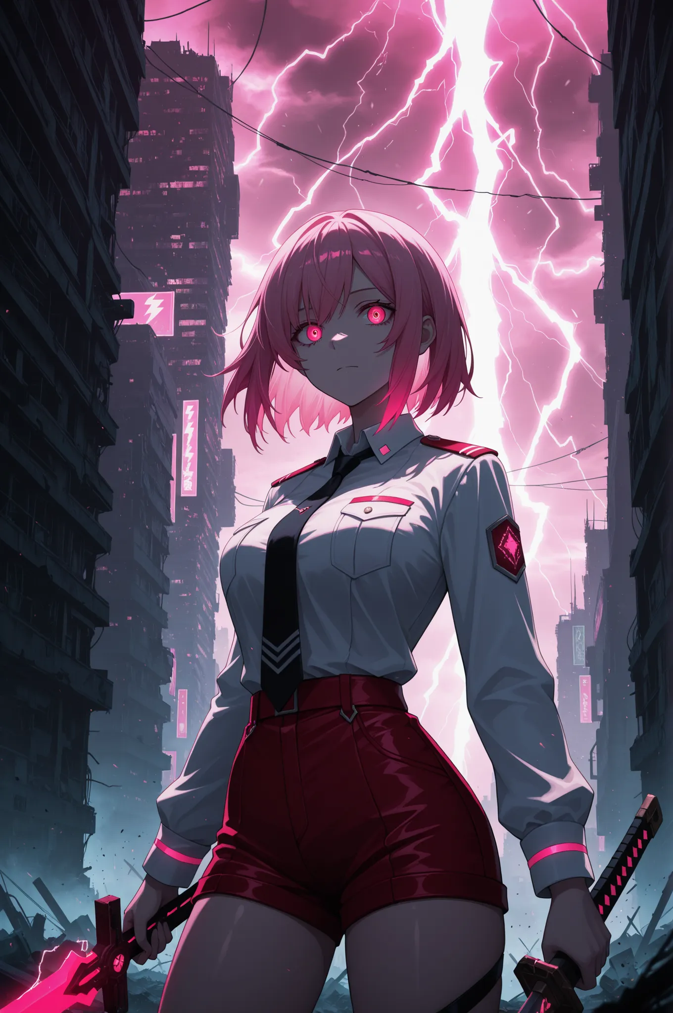 upper body, short pink hair, glowing red eyes, uniform, white shirt, tie, red shorts, holding sword, 1girl, solo, ruined futuristic city, dystopia, lightning storm, pink lighting, volumetric lighting, cinematic lighting,  masterpiece, best quality, amazing...