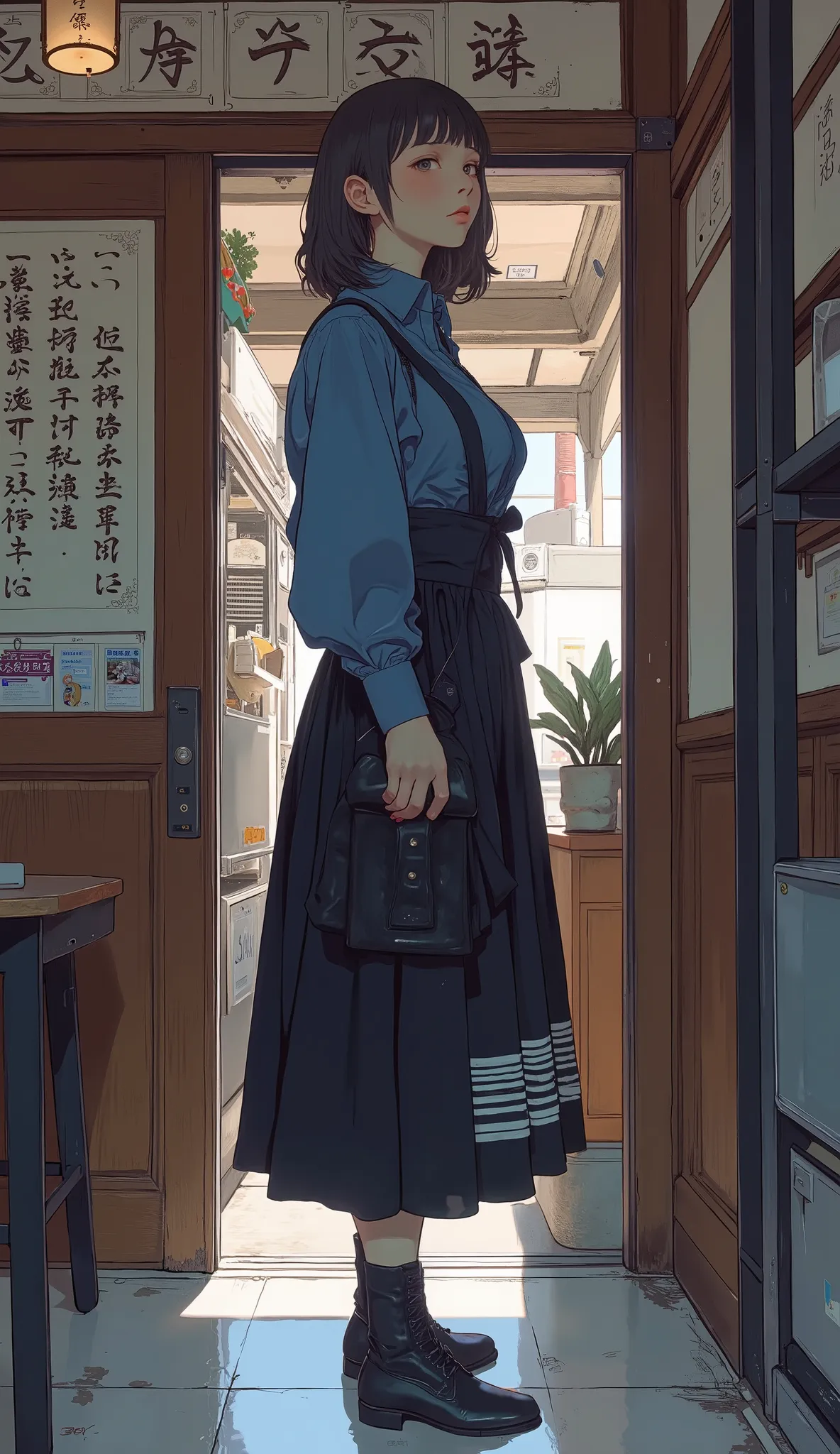 A woman wearing a blue shirt and a black skirt、Standing in front of the door。, I'm wearing a diner uniform,  Japanese Clothes, ( waitress ) girl, Style brewery Oshimi , Yasumoto Oka, Elegant yukata, Work clothes,  blue uniform, seifuku, Dark blue shirt, Re...