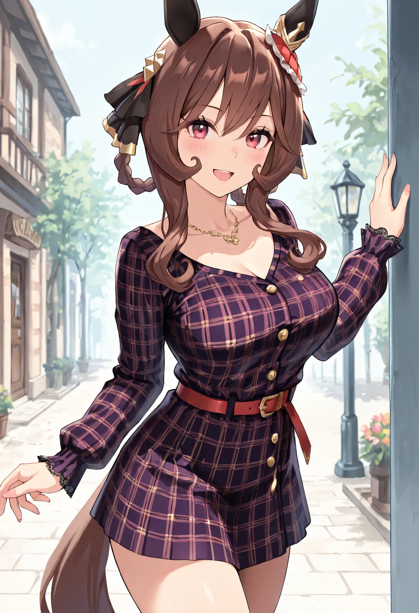 (masterpiece:1.2), (best quality:1.2), (ultra-detailed:1.2), 1girl, solo, gentildonna \(umamusume\), braid, hair between eyes, breasts, horse tail, horse ears, ear ornament, tail on the lower back, proportional body, proportional,1 girl, beautiful hair, be...