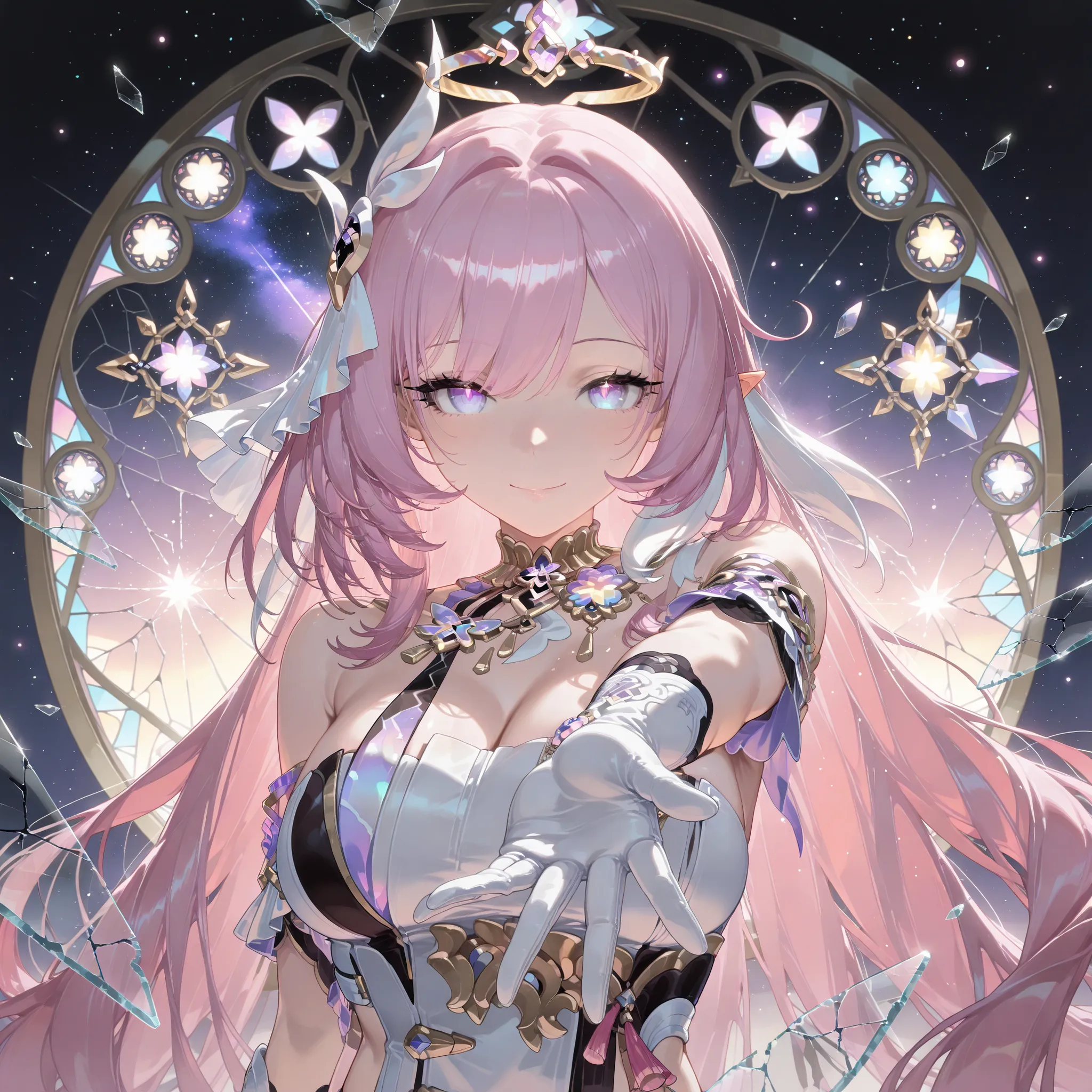 1girl,elysia_/(herrscher_of_human:ego/)_/(honkai_impact/),pointed_ears,pink_hair,shattered glass,behind stained glass,breaking through ornate stained glass screen,glass shards,iridescent glass, broken glass, looking at viewer,light purple eyes,floating,lig...