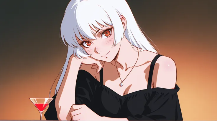 Triple tone {anime style illustration}, subject:: {elegant anime woman with white hair in a classic chignon, wearing a black off-shoulder gown with a diamond necklace, leaning on one arm with an arched brow and a playful smile, holding a martini glass}, st...