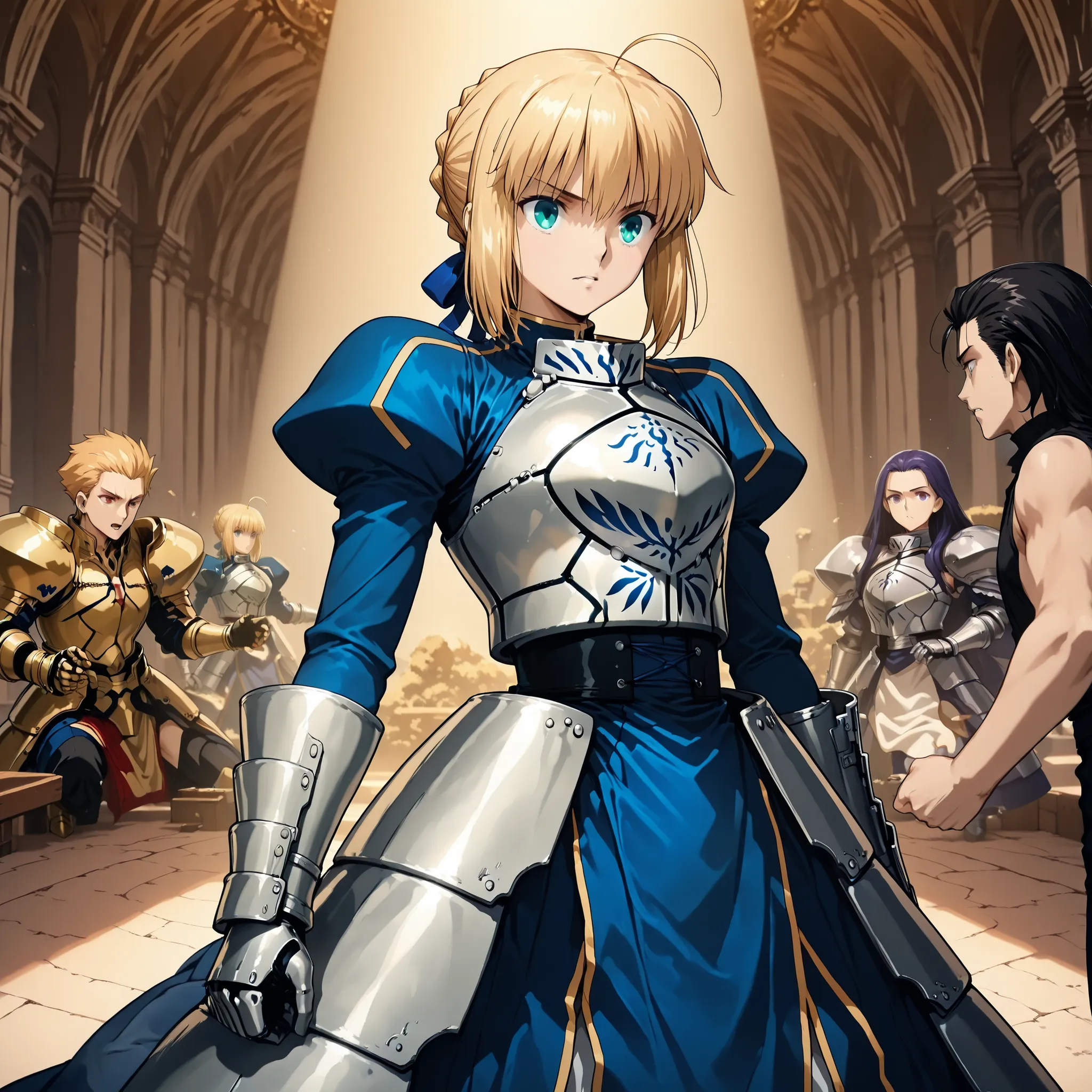 score_9, score_8_up, score_7_up, masterpiece, source_anime,(1girl,random situation, artoria pendragon (fate), saber (fate), turtleneck, blue dress, breastplate, armored dress, long sleeves, juliet sleeves, gauntlets, faulds, long dress,),break,(1boy is Gilgamesh _Fate Grand Order, slicked-back hair),1980’s anime style,detail eyes,iris,semi realistic ,( coronation ceremony
