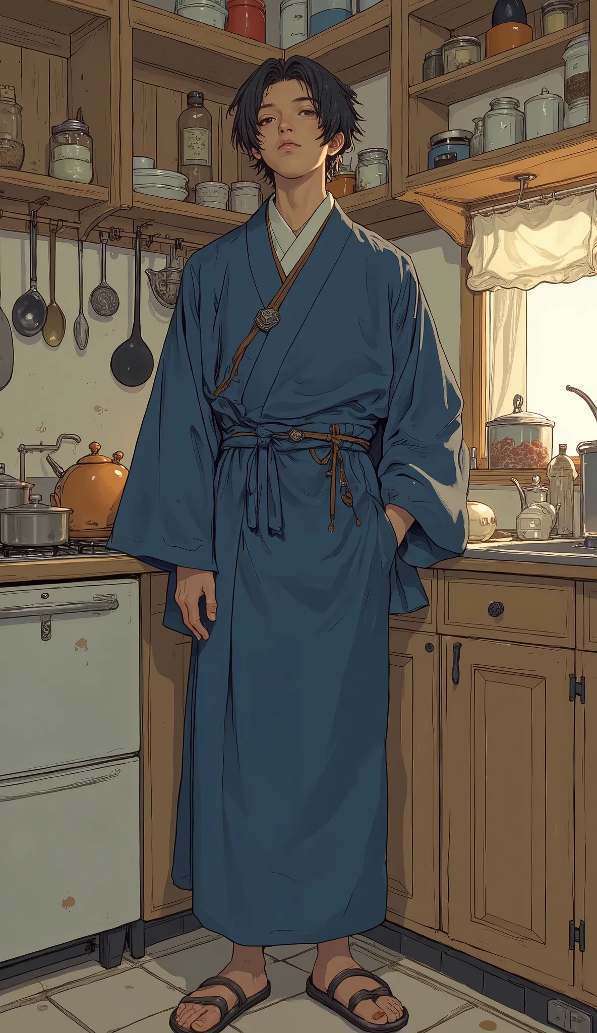 伝統的な紺色の甚平（着物の一種）を着て、居心地の良いキッチンで腕を組んでいる日本人の青年。キッチンは雑然としているが家庭的な雰囲気で、食器や瓶など様々な調理器具がきちんと整頓されており、背景に見える。個人的な、シェフや財産を暗示する、または、落ち着いた態度を醸し出す。目立つ。この下には、典型的な居心地の良い雰囲気があり、画像全体の雰囲気は温かみがあり、小さく、着物の一種である。