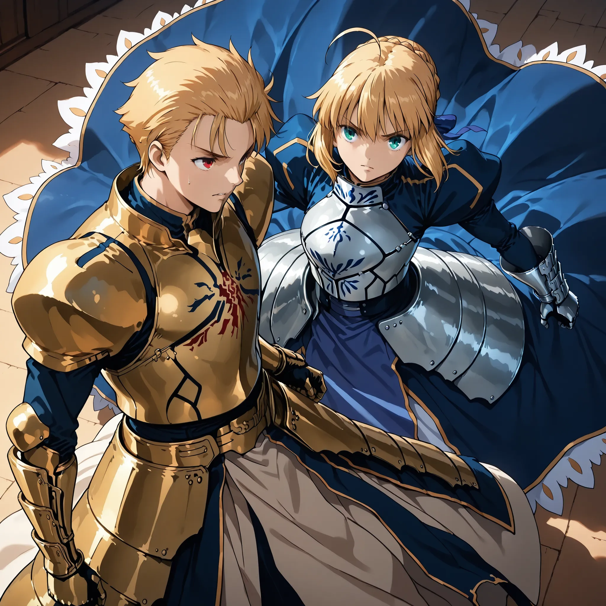 score_9, score_8_up, score_7_up, masterpiece, source_anime,(1girl,random situation, artoria pendragon (fate), saber (fate), turtleneck, blue dress, breastplate, armored dress, long sleeves, juliet sleeves, gauntlets, faulds, long dress,),break,(1boy is Gil...