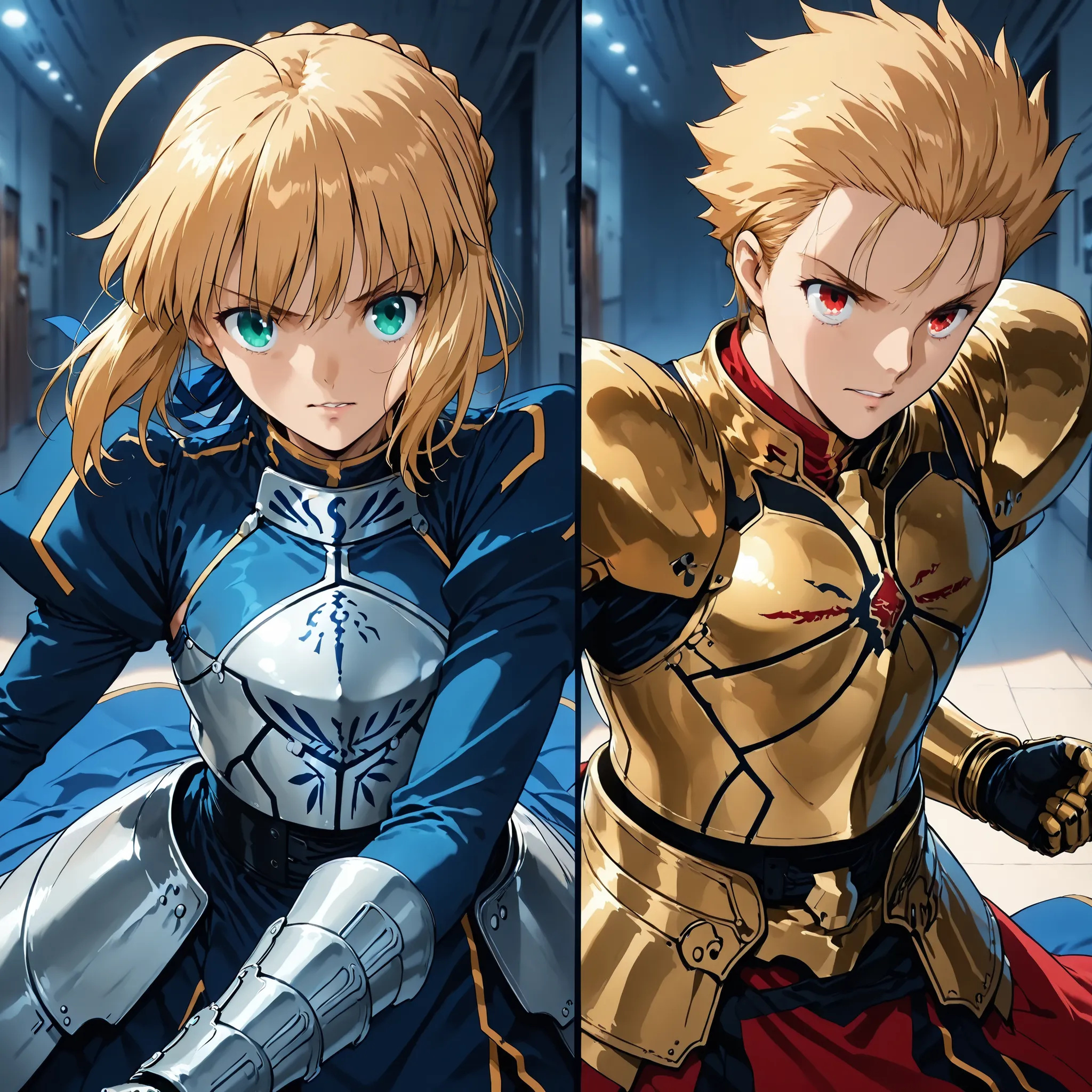 score_9, score_8_up, score_7_up, masterpiece, source_anime,(1girl,random situation, artoria pendragon (fate), saber (fate), turtleneck, blue dress, breastplate, armored dress, long sleeves, juliet sleeves, gauntlets, faulds, long dress,),break,(1boy is Gil...
