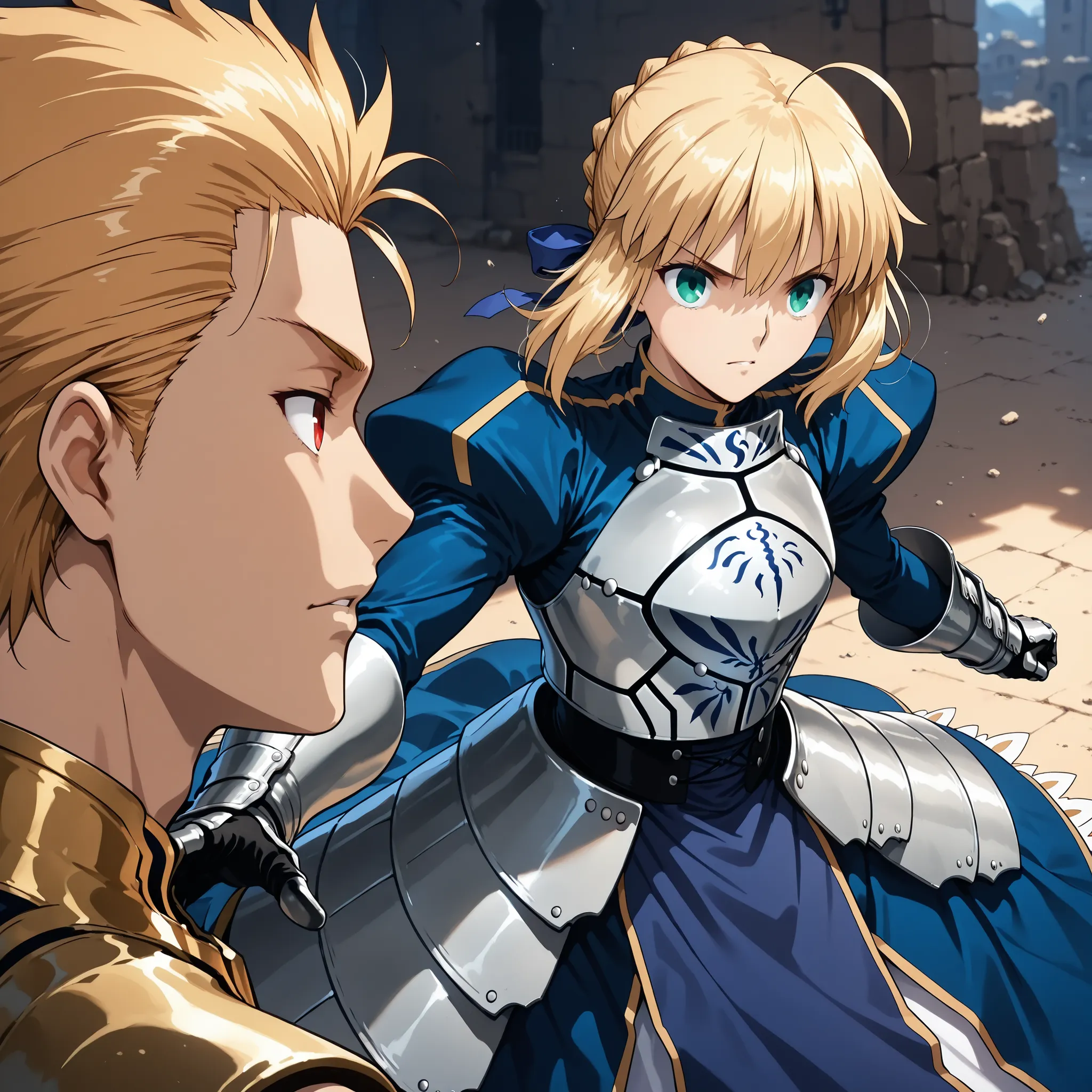 score_9, score_8_up, score_7_up, masterpiece, source_anime,(1girl,random situation, artoria pendragon (fate), saber (fate), turtleneck, blue dress, breastplate, armored dress, long sleeves, juliet sleeves, gauntlets, faulds, long dress,),break,(1boy is Gil...