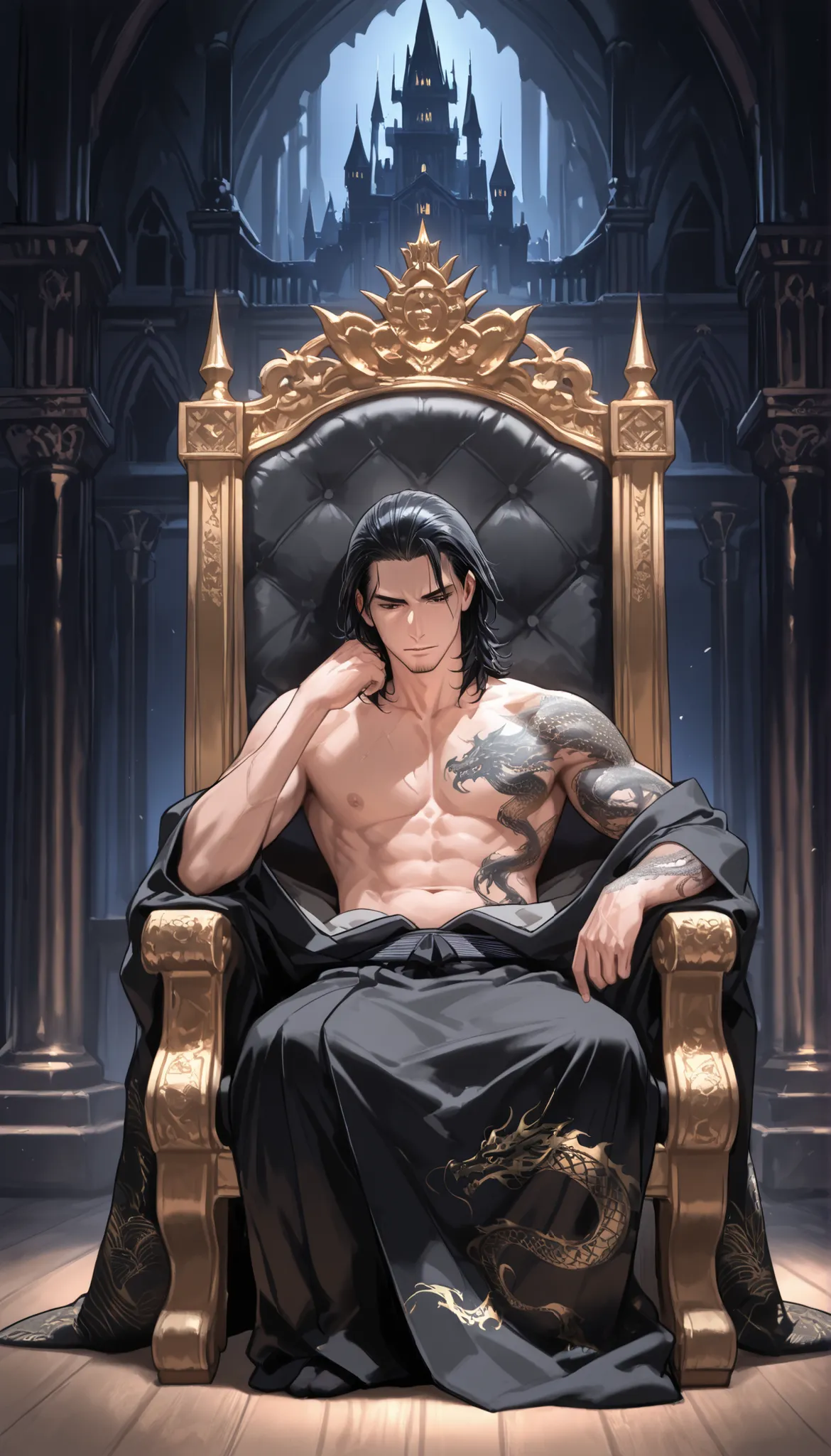 background, palace in a cave, yakuza boy, black kimono with dragon pattern, black hair, medium hair, topless, chest, handsome, dragon tattoo, sitting on royal chair, indoor, black castle,