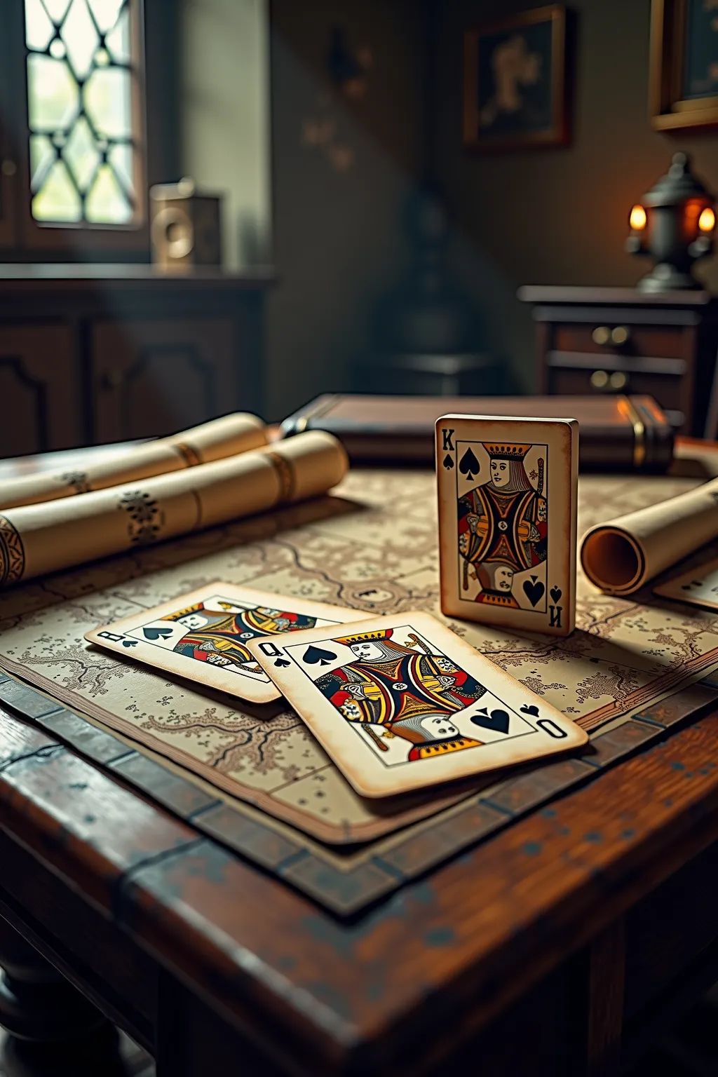 there are two playing cards on the table, king and queen, old-style maps.