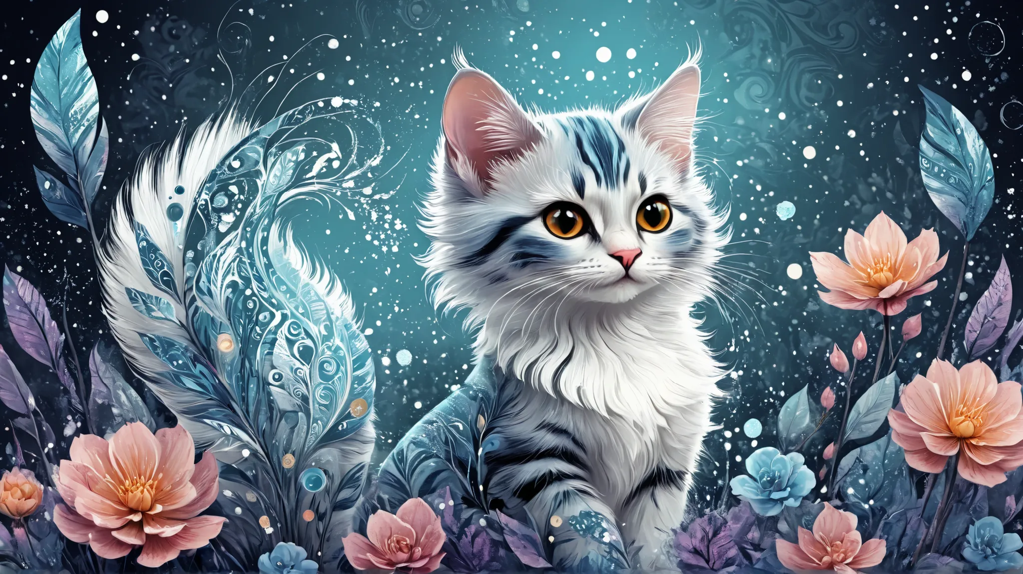 Cute magic fantasy animal (gato) illustration in Novuschroma style with patterns